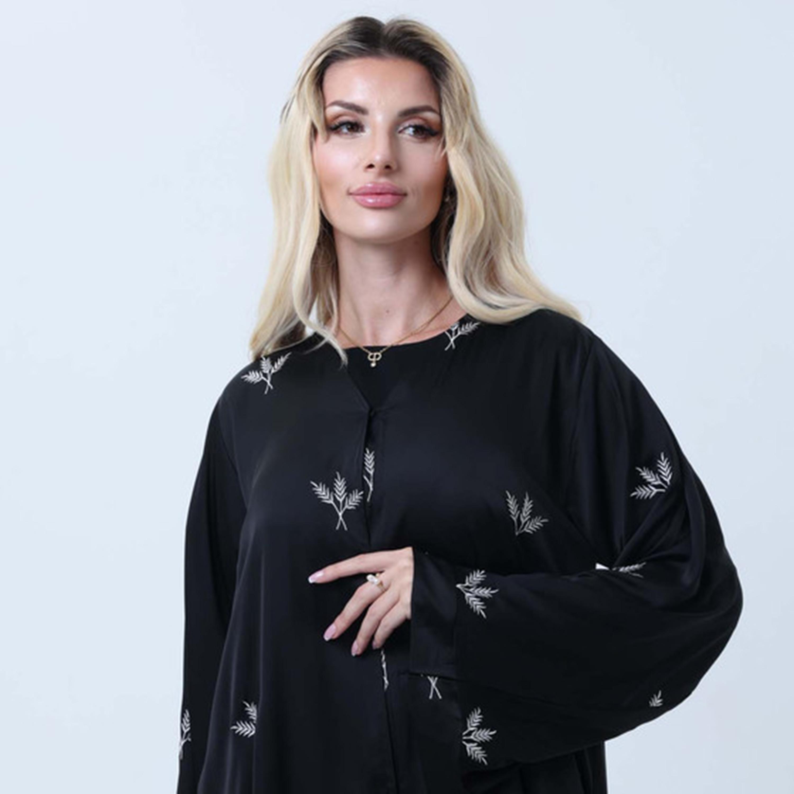 Msquare Fashion Black Leaf Embroidered Armani Silk Women's Abaya-women-arabicclothing-abayas-image-2