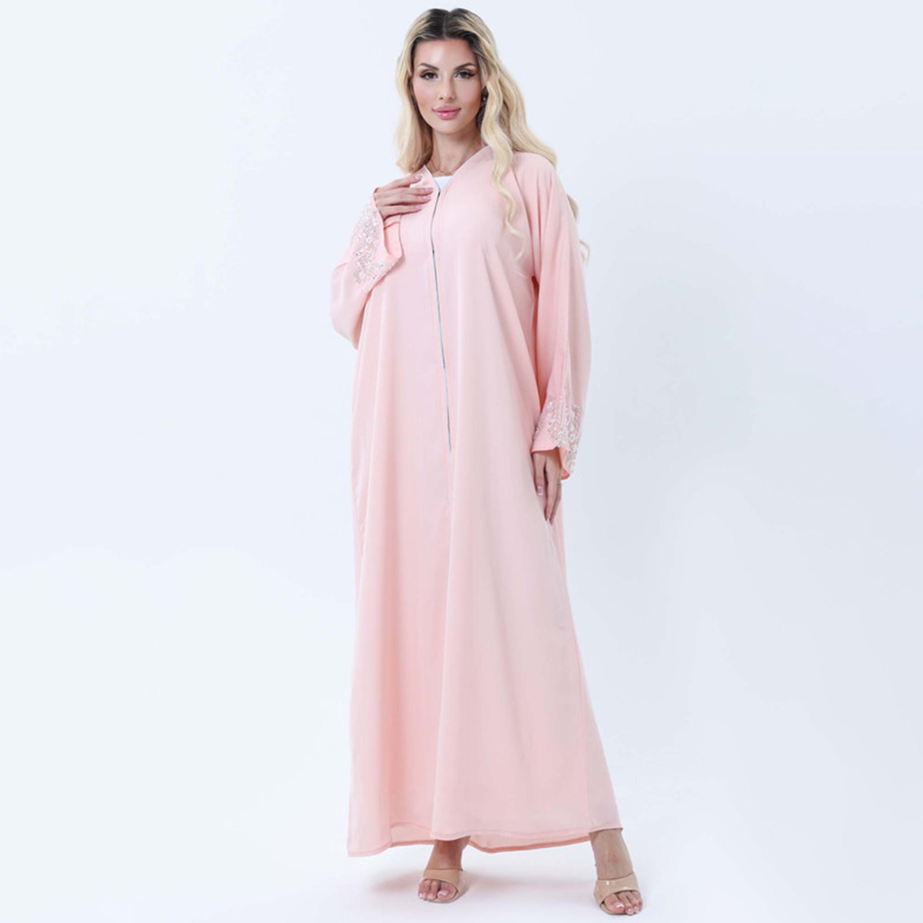 Msquare Fashion Pink Embellished Nida Women's Abaya-women-arabicclothing-abayas-image-1