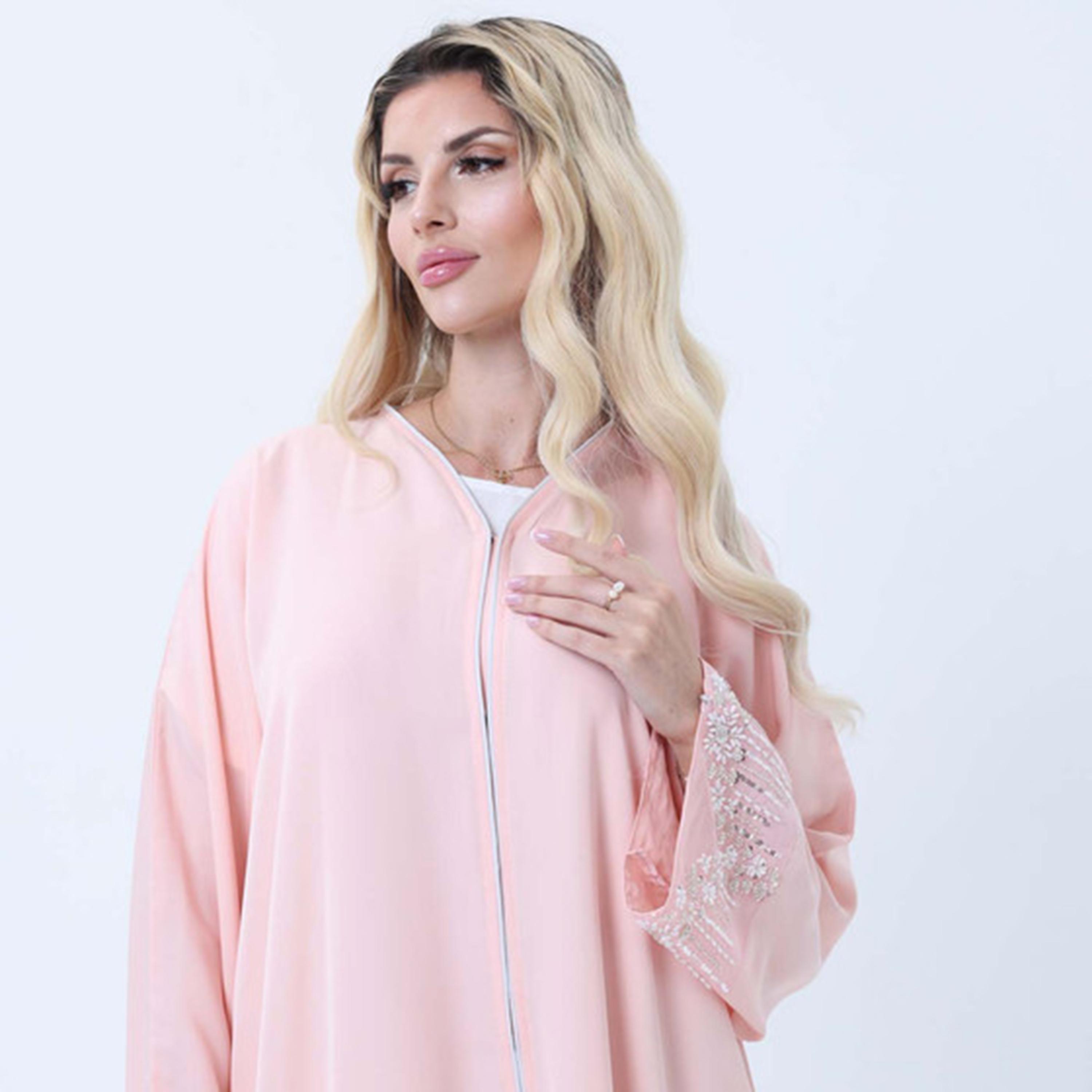 Msquare Fashion Pink Embellished Nida Women's Abaya-women-arabicclothing-abayas-image-2