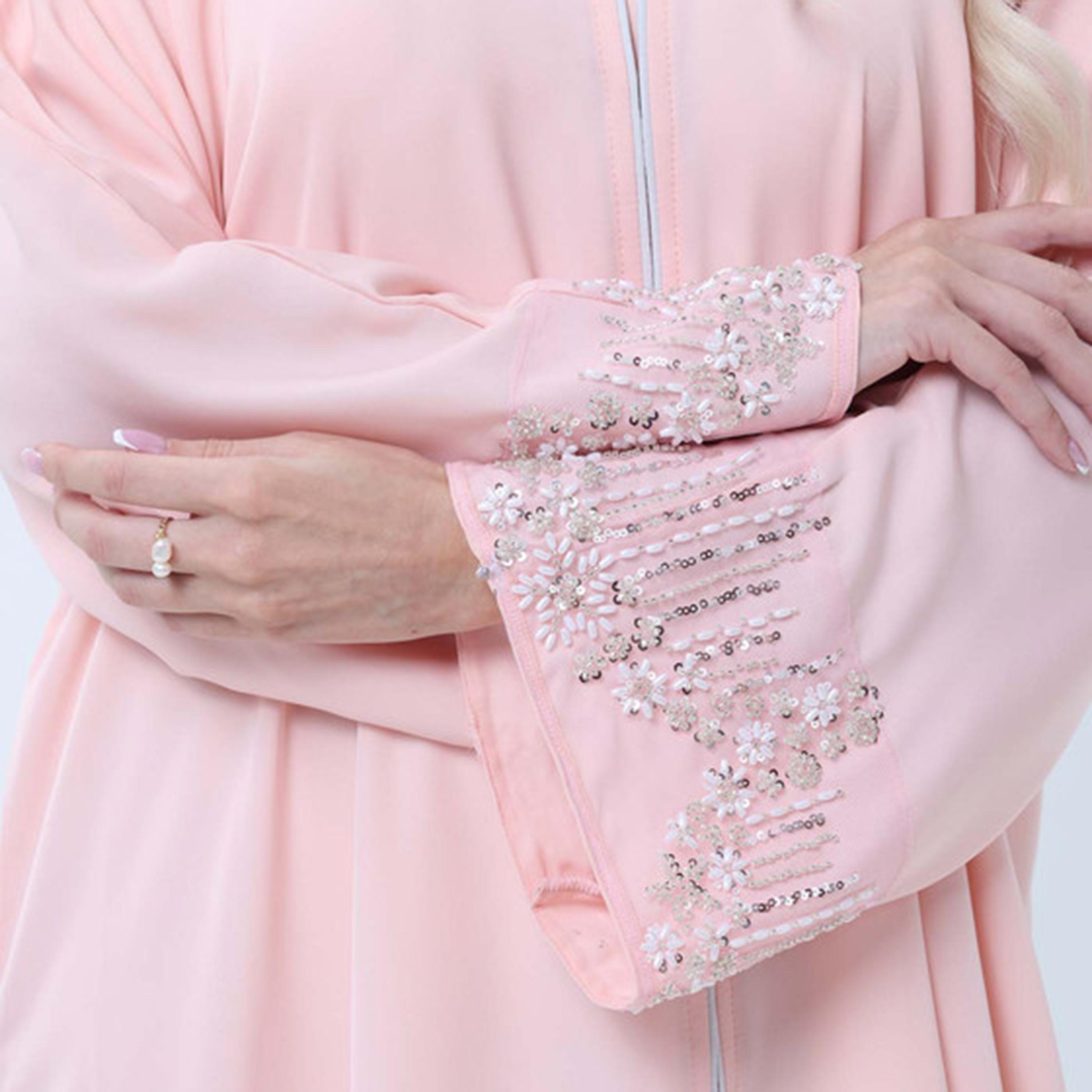 Msquare Fashion Pink Embellished Nida Women's Abaya-women-arabicclothing-abayas-image-3