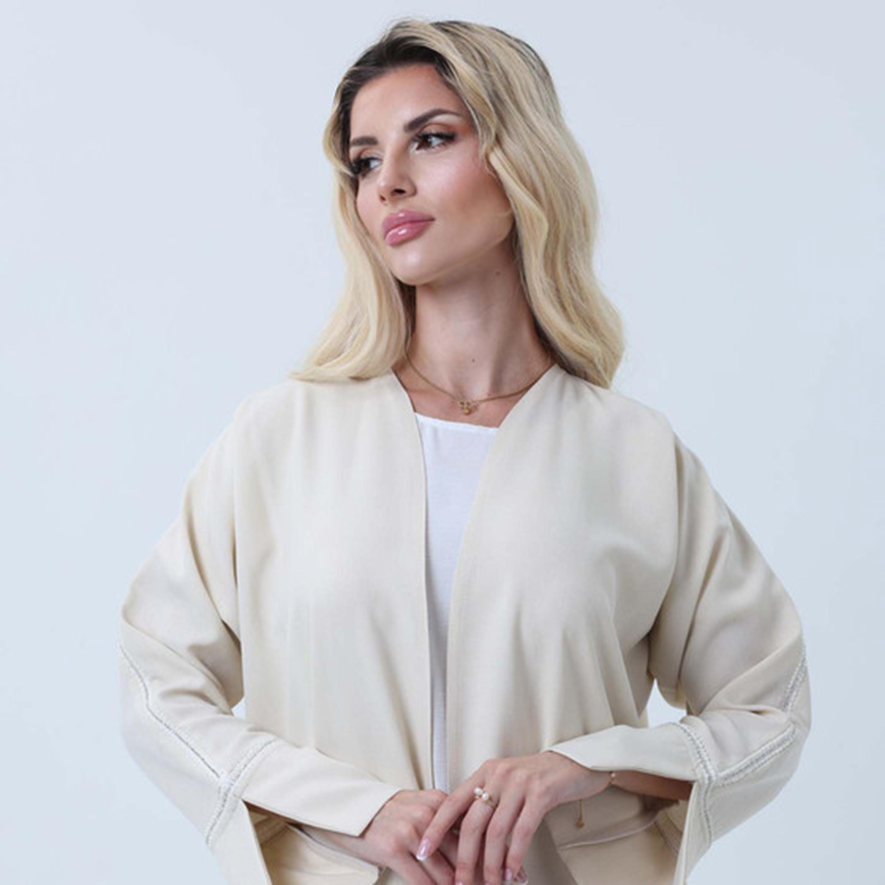 عباءة نسائية من قماش ميلانج بتفاصيل دانتيل وأكمام مشقوقة باللون البيج من إمسكوير فاشون-women-arabicclothing-abayas-image-2