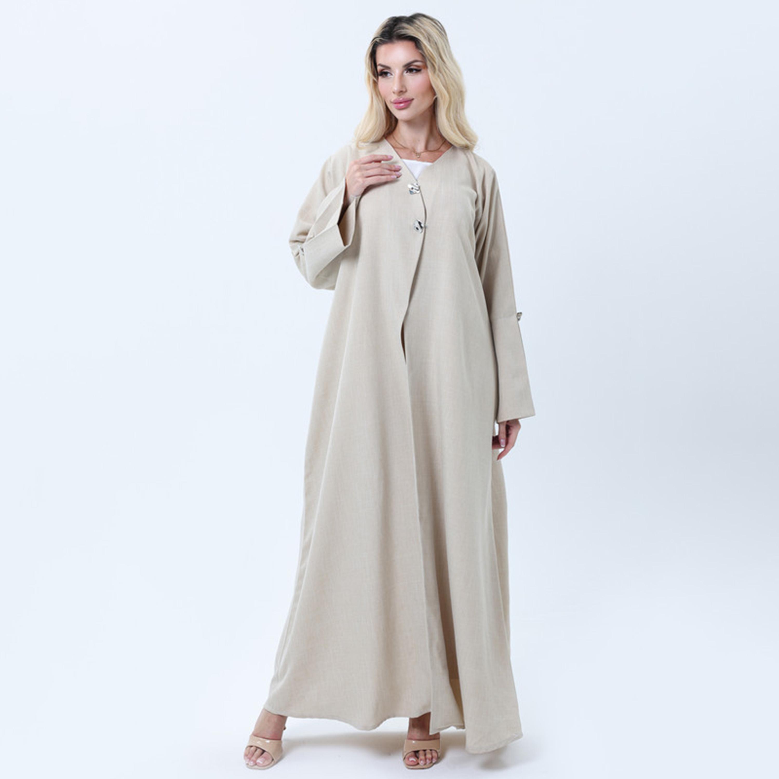 Msquare Fashion Beige Heather Wide Sleeves Melange Women's Abaya-women-arabicclothing-abayas-image-1