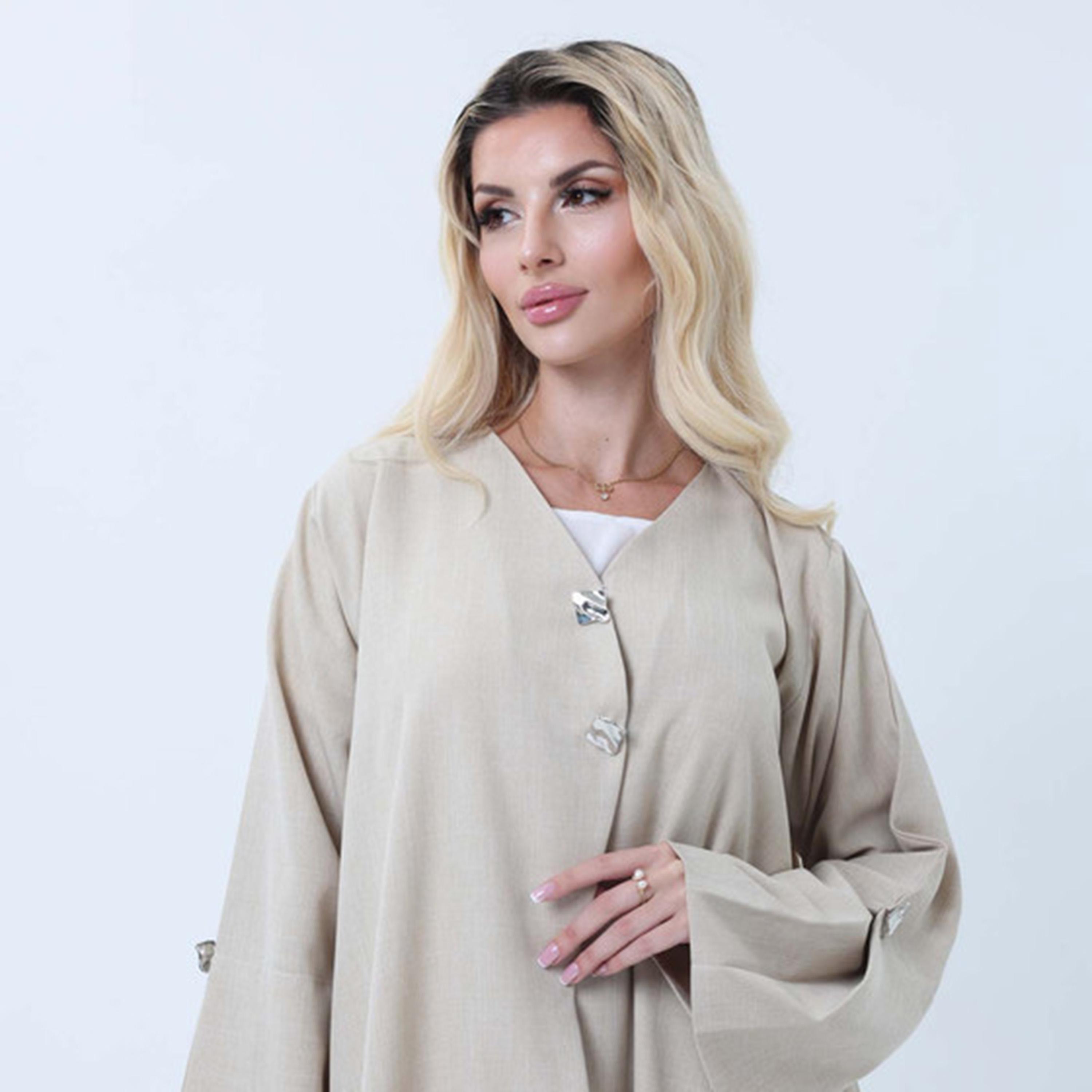 Msquare Fashion Beige Heather Wide Sleeves Melange Women's Abaya-women-arabicclothing-abayas-image-2