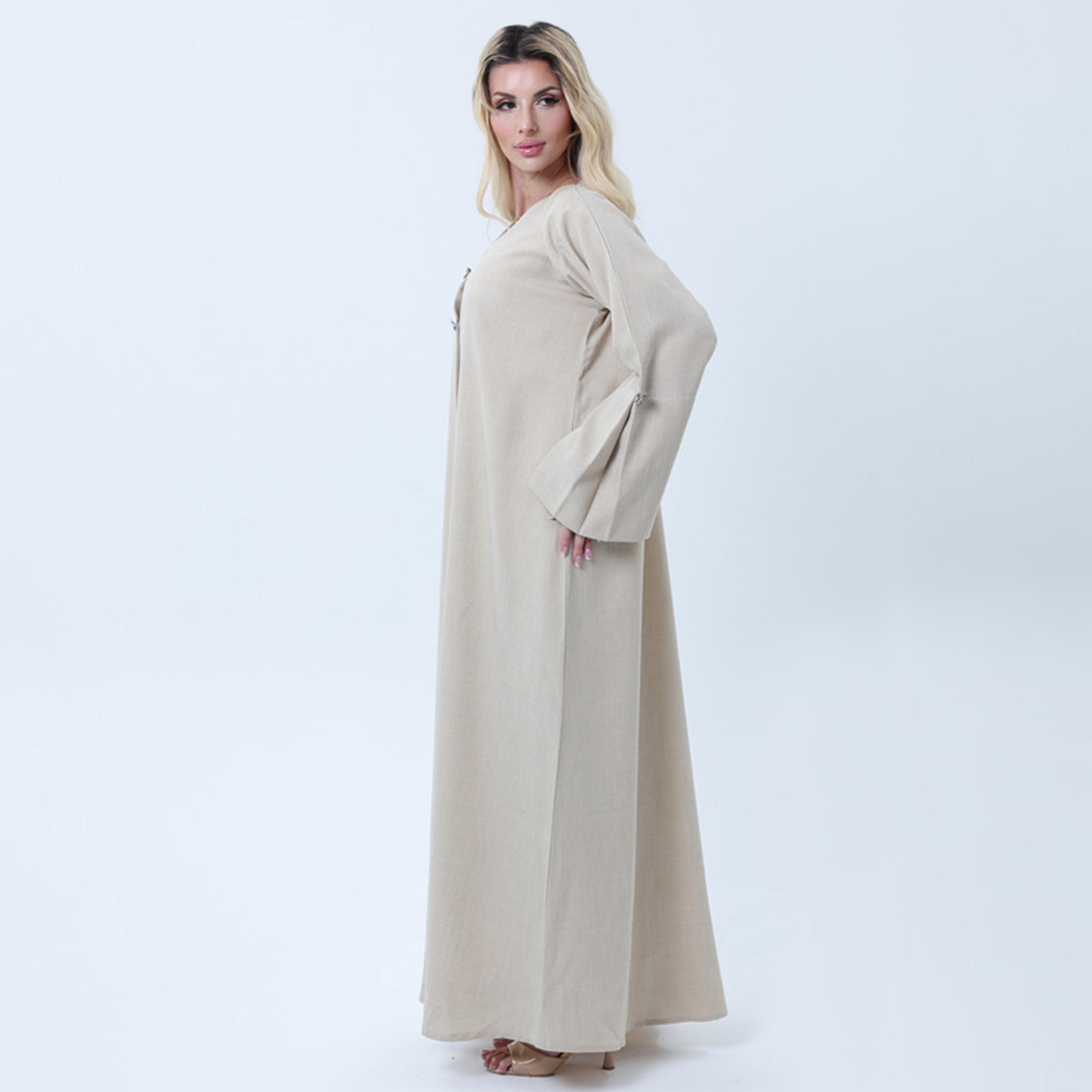 Msquare Fashion Beige Heather Wide Sleeves Melange Women's Abaya-women-arabicclothing-abayas-image-4