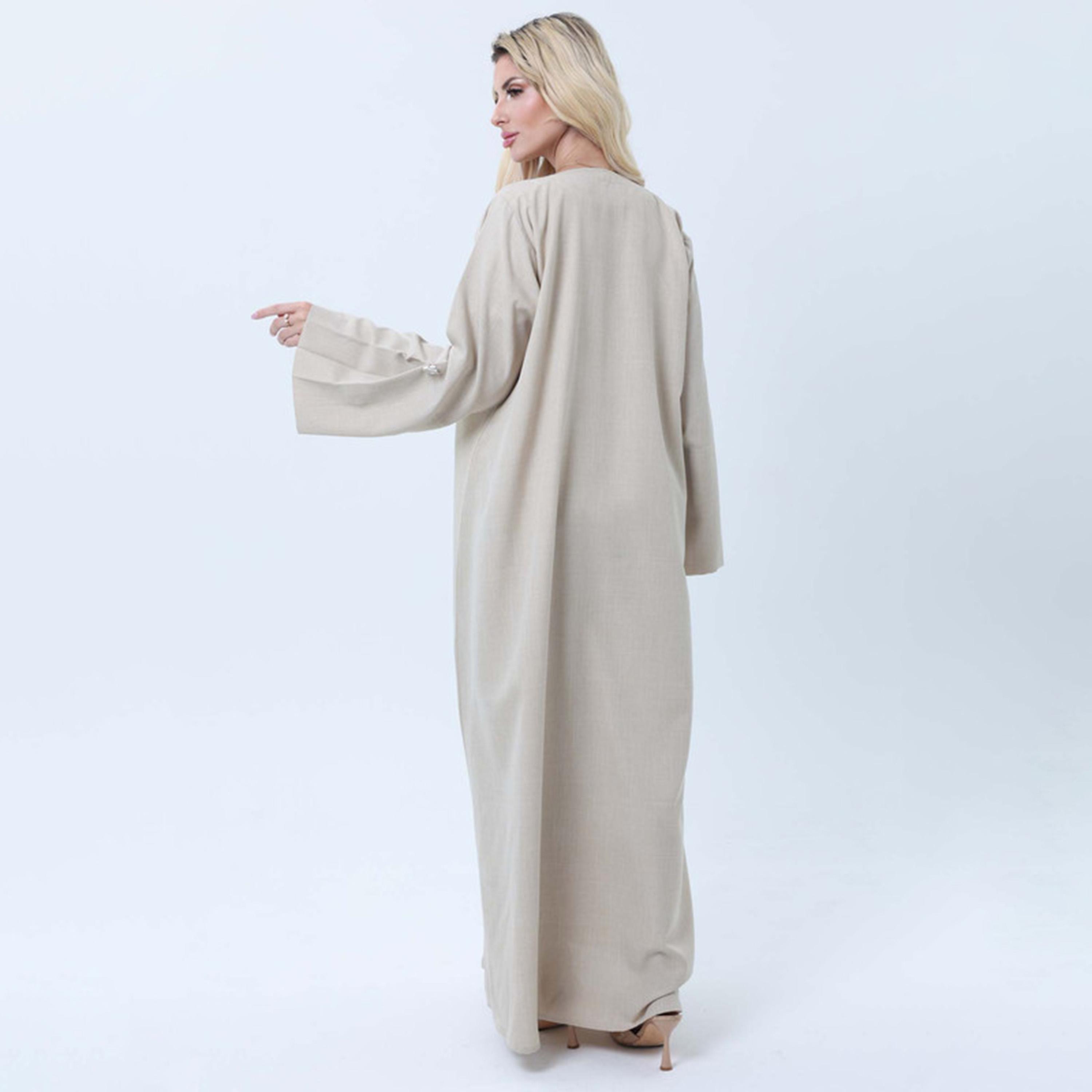 Msquare Fashion Beige Heather Wide Sleeves Melange Women's Abaya-women-arabicclothing-abayas-image-5