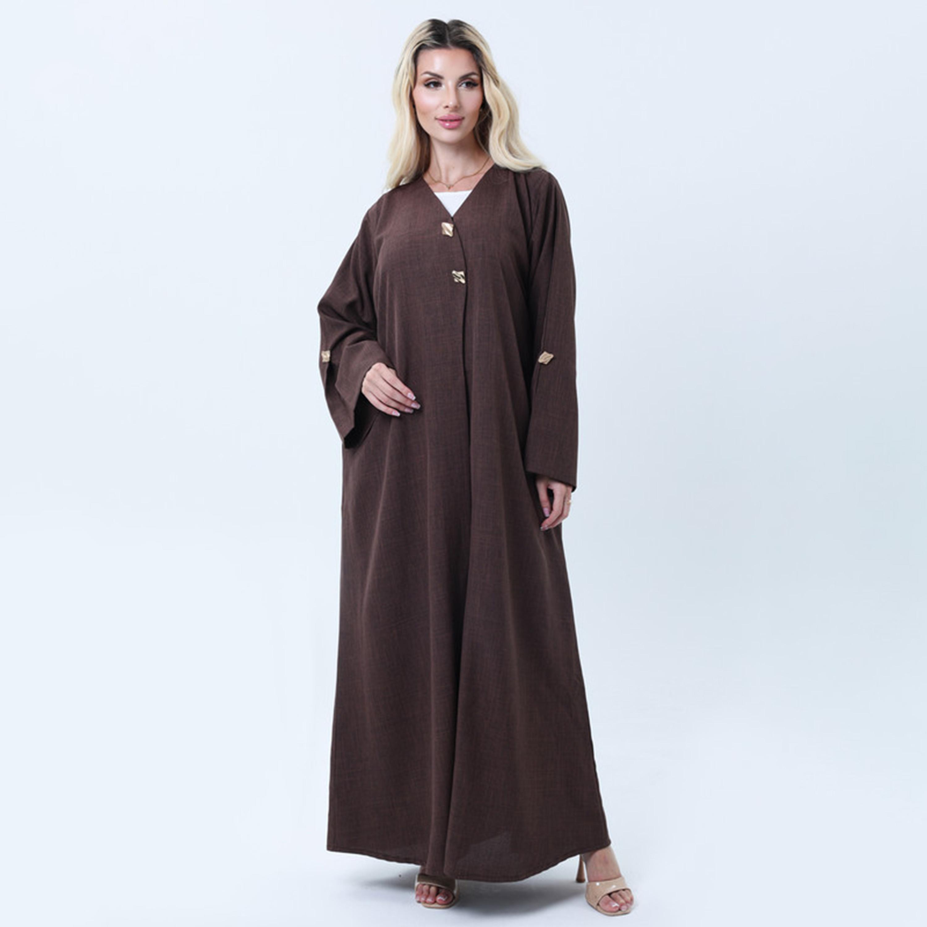 عباءة نسائية من قماش ميلانج بخامة هيذر وأكمام واسعة باللون البني من إمسكوير فاشون-women-arabicclothing-abayas-image-1