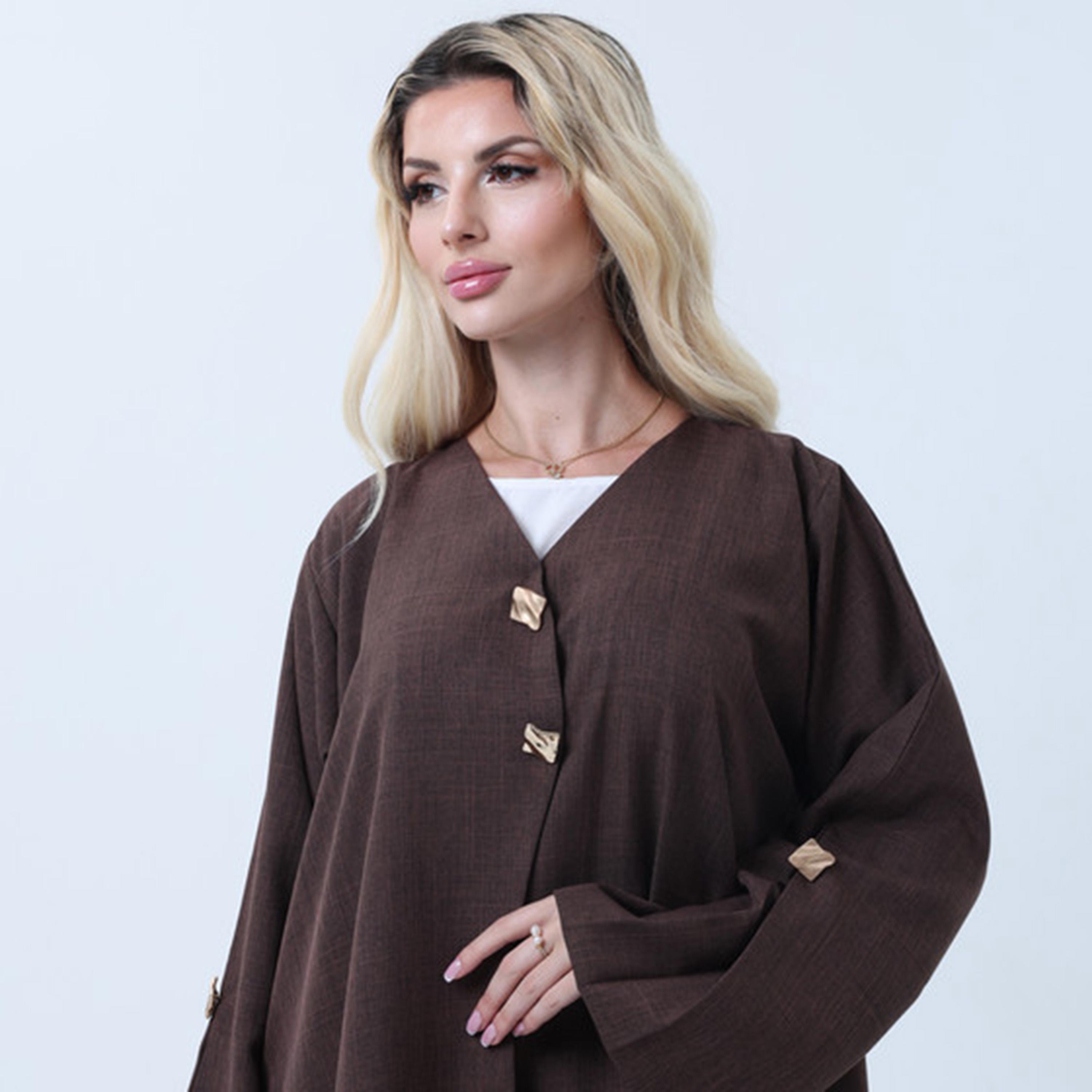 عباءة نسائية من قماش ميلانج بخامة هيذر وأكمام واسعة باللون البني من إمسكوير فاشون-women-arabicclothing-abayas-image-2