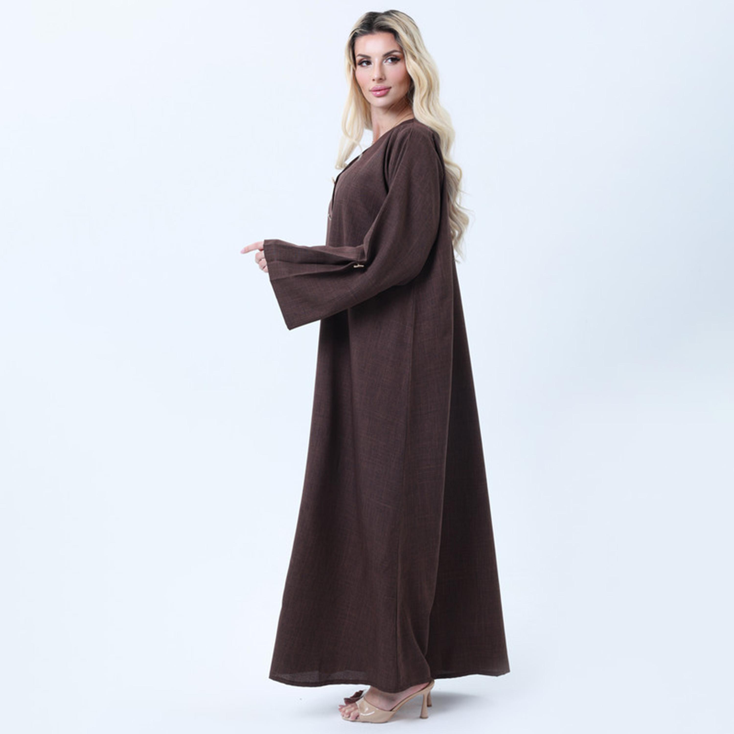 عباءة نسائية من قماش ميلانج بخامة هيذر وأكمام واسعة باللون البني من إمسكوير فاشون-women-arabicclothing-abayas-image-4