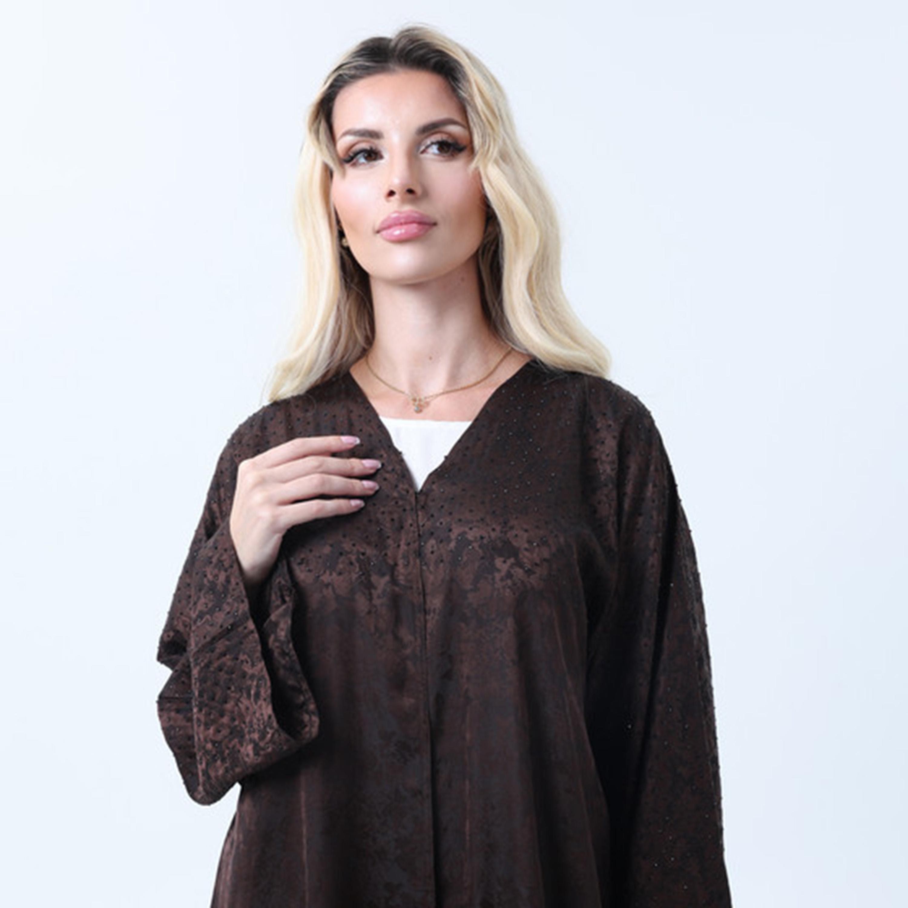 عباءة نسائية من الحرير بأكمام واسعة وطبعة زهور باللون البني من إمسكوير فاشون-women-arabicclothing-abayas-image-2