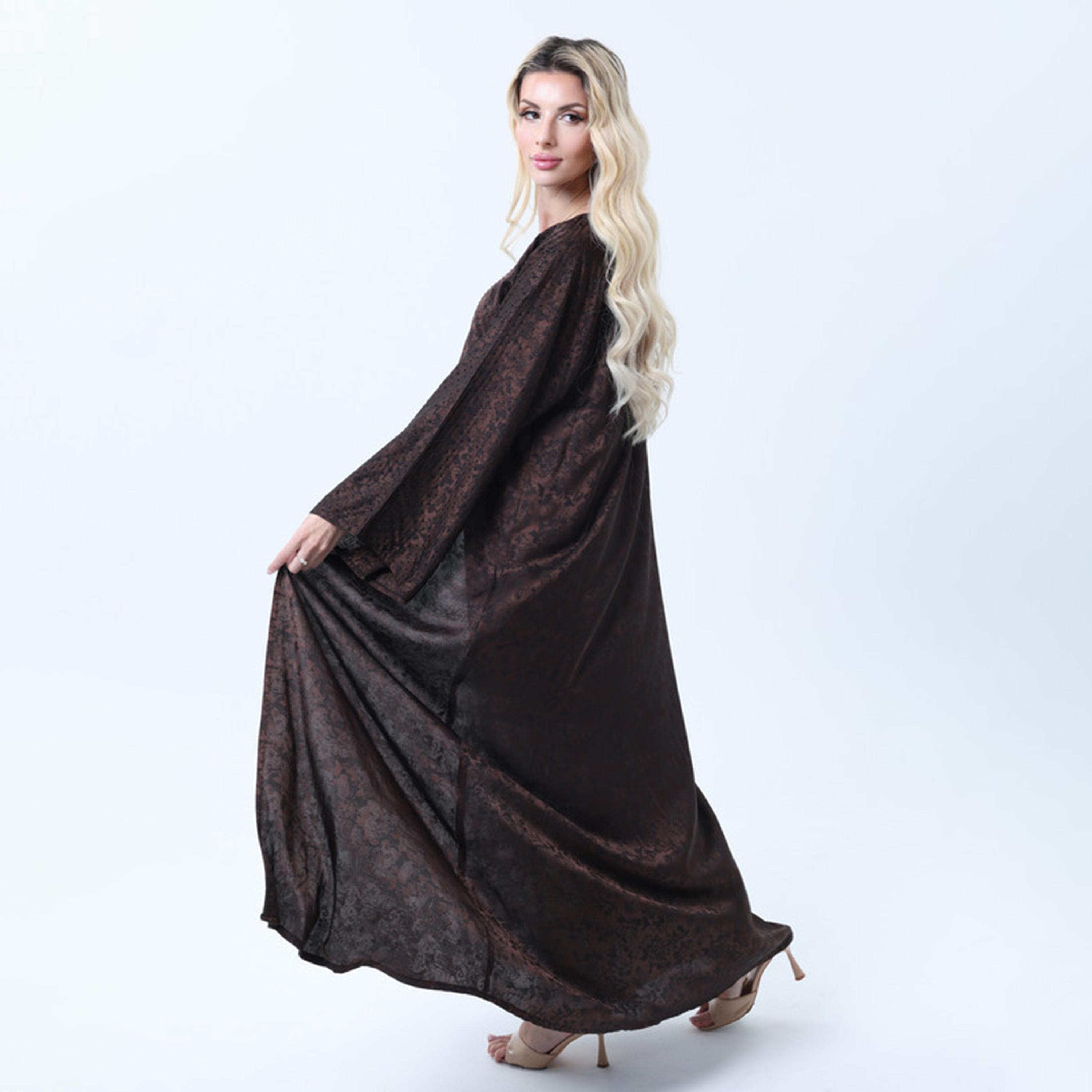عباءة نسائية من الحرير بأكمام واسعة وطبعة زهور باللون البني من إمسكوير فاشون-women-arabicclothing-abayas-image-4