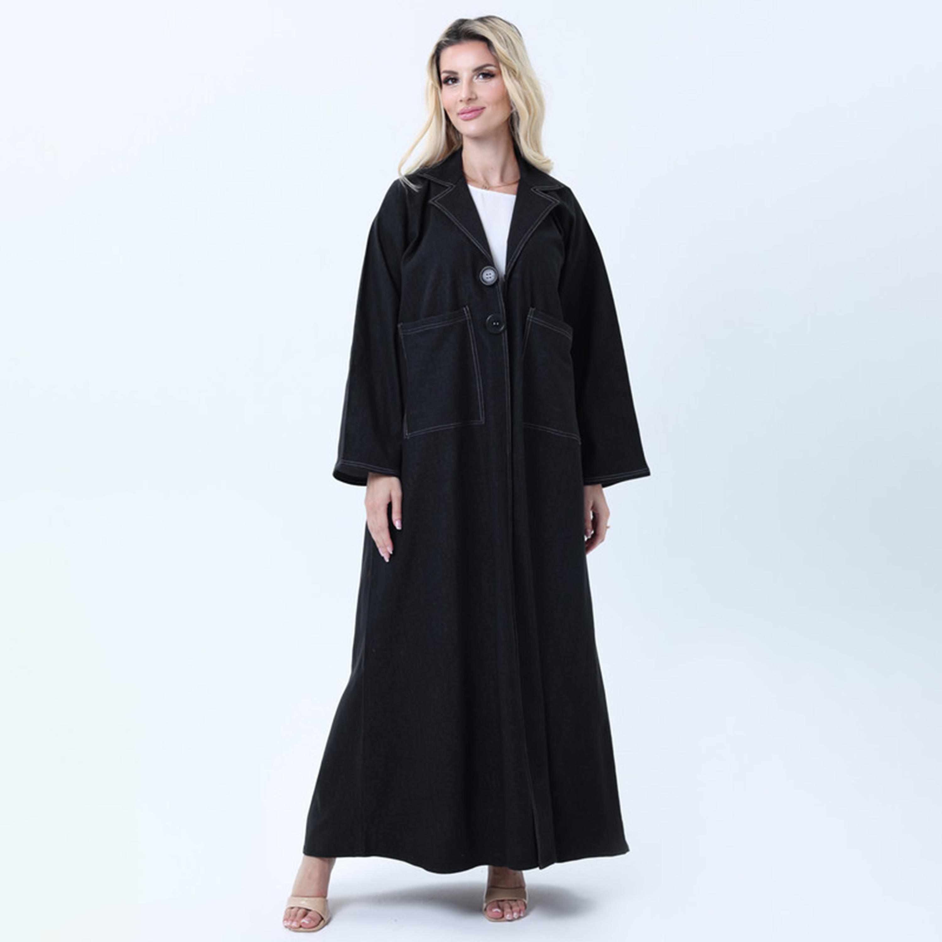 عباءة نسائية من الدنيم بياقة مفتوحة باللون الأسود من إمسكوير فاشون-women-arabicclothing-abayas-image-1