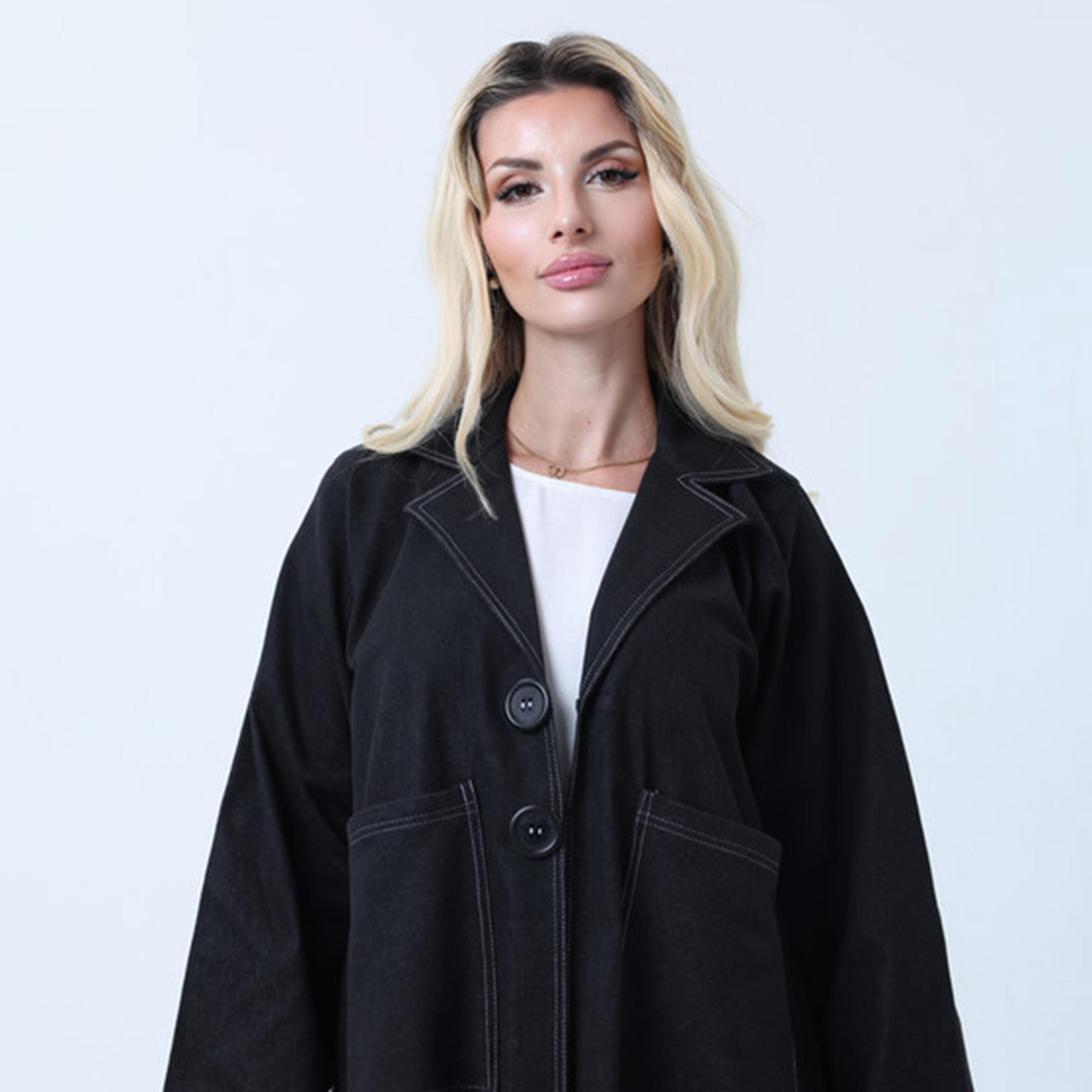 عباءة نسائية من الدنيم بياقة مفتوحة باللون الأسود من إمسكوير فاشون-women-arabicclothing-abayas-image-2