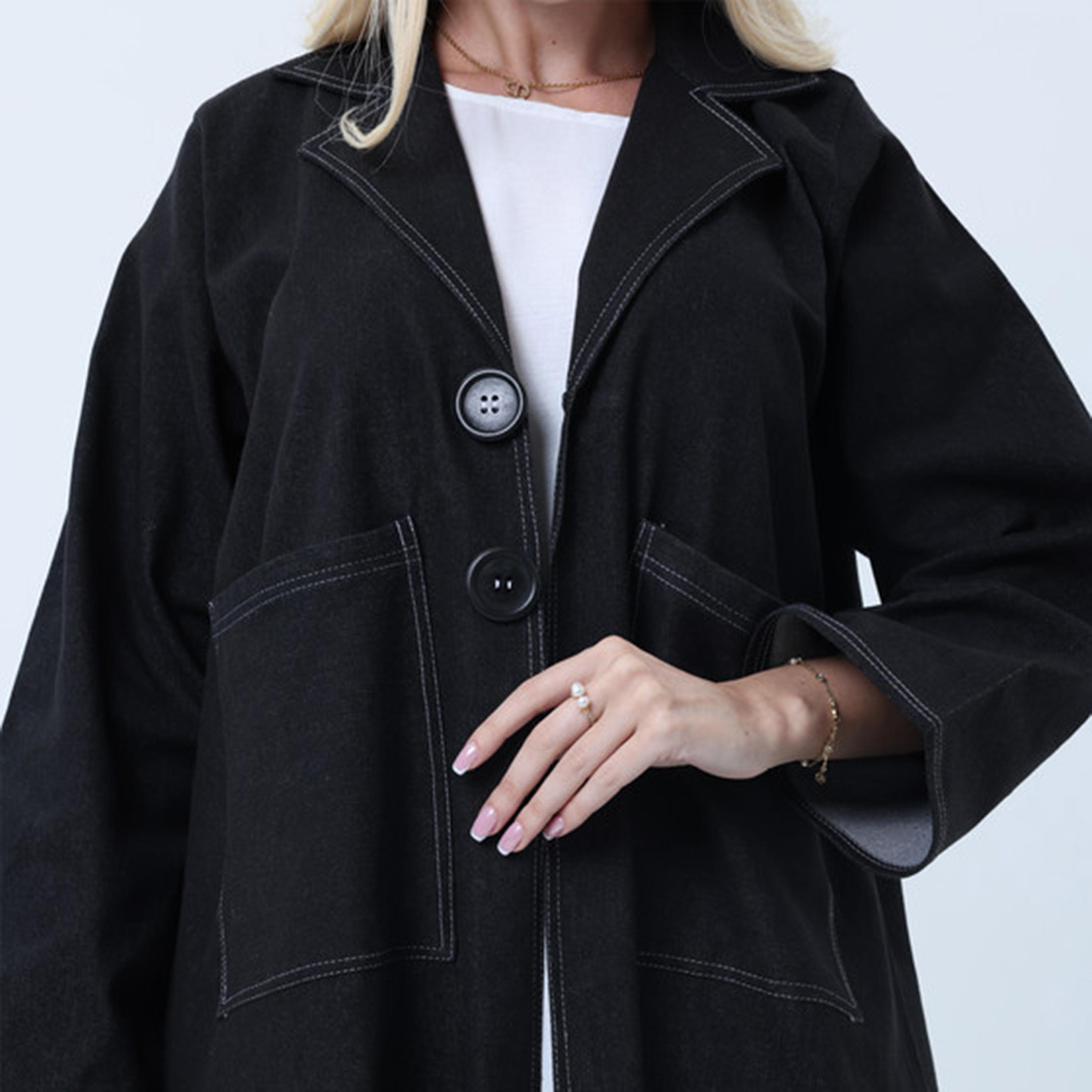 عباءة نسائية من الدنيم بياقة مفتوحة باللون الأسود من إمسكوير فاشون-women-arabicclothing-abayas-image-3