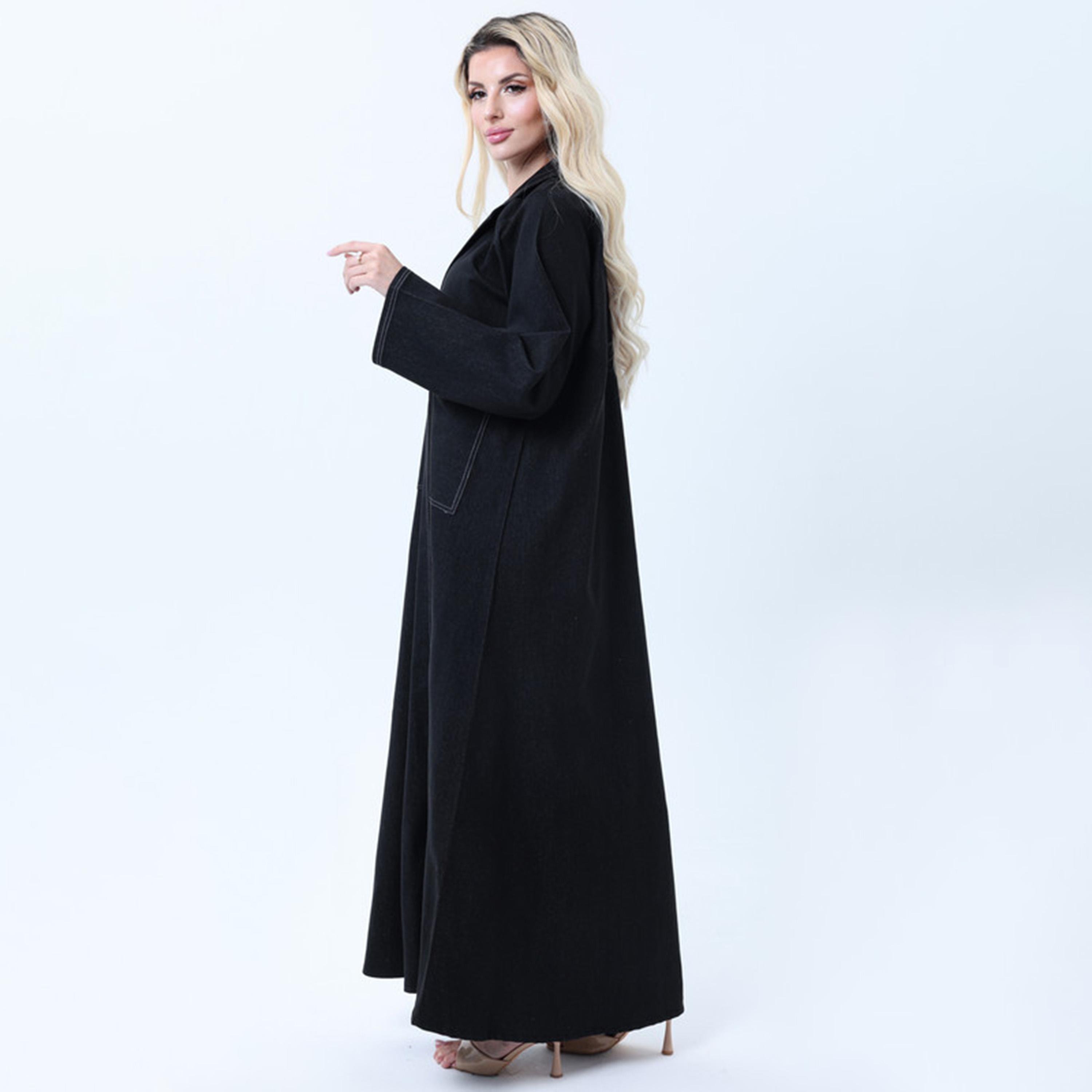 عباءة نسائية من الدنيم بياقة مفتوحة باللون الأسود من إمسكوير فاشون-women-arabicclothing-abayas-image-4