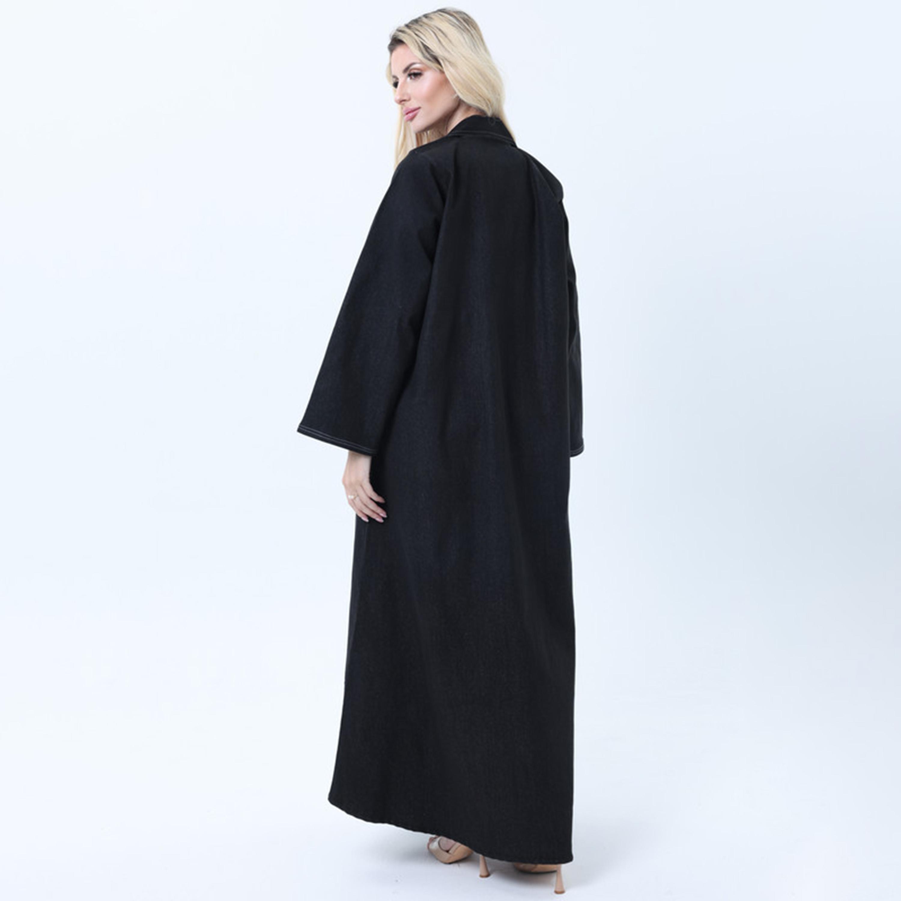 عباءة نسائية من الدنيم بياقة مفتوحة باللون الأسود من إمسكوير فاشون-women-arabicclothing-abayas-image-5