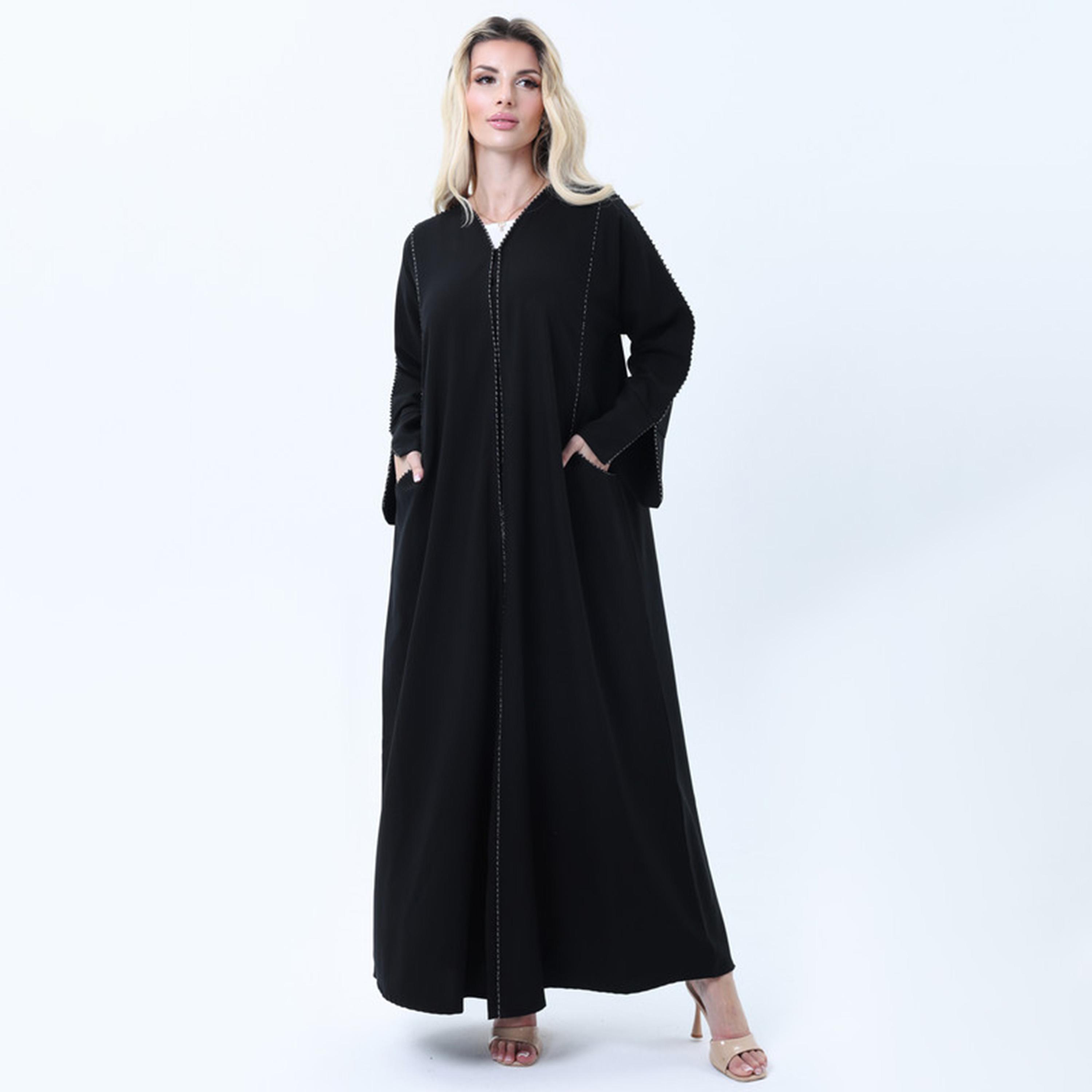 Msquare Fashion Black Crystal Detail Slit Sleeves Melange Women's Abaya-women-arabicclothing-abayas-image-1