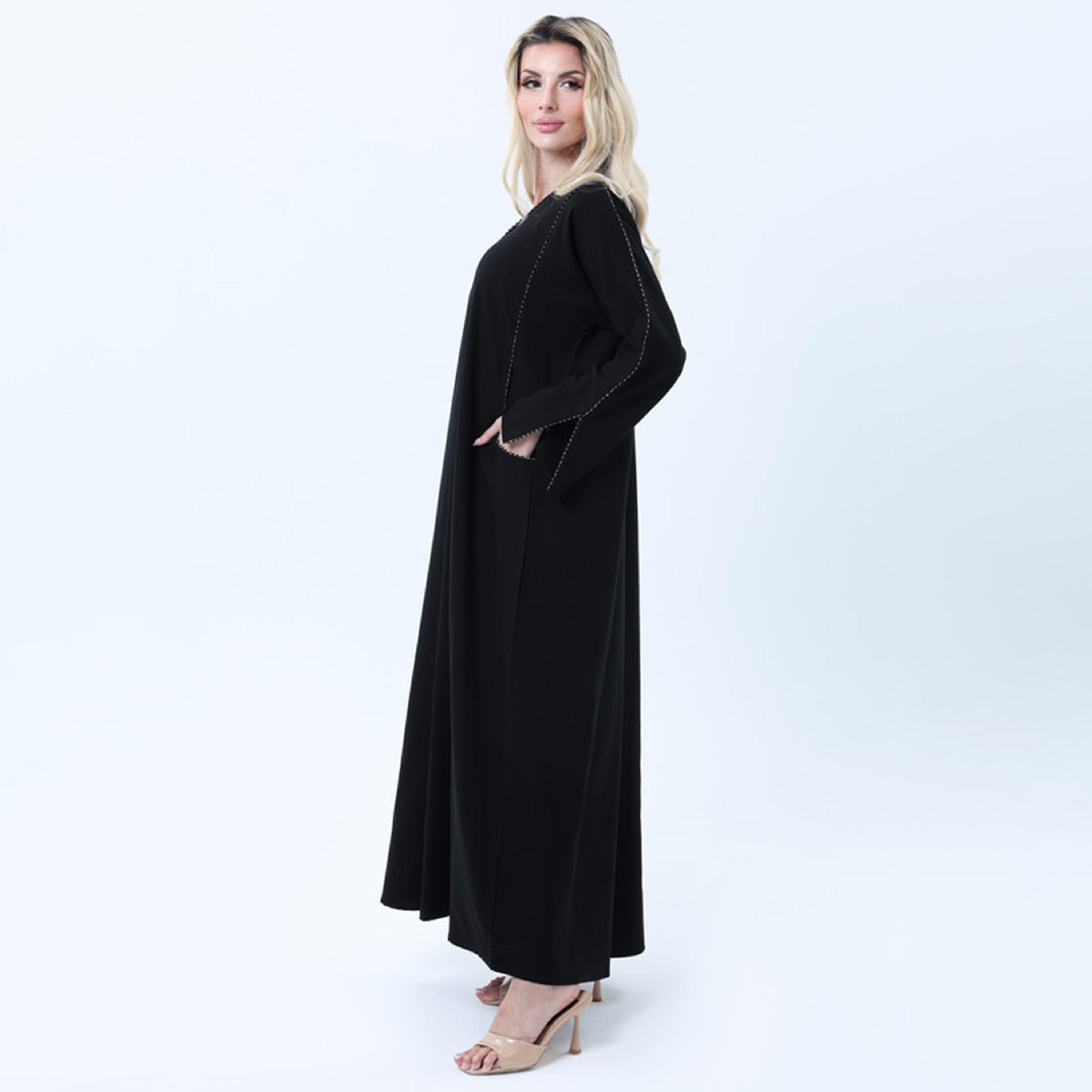 Msquare Fashion Black Crystal Detail Slit Sleeves Melange Women's Abaya-women-arabicclothing-abayas-image-4