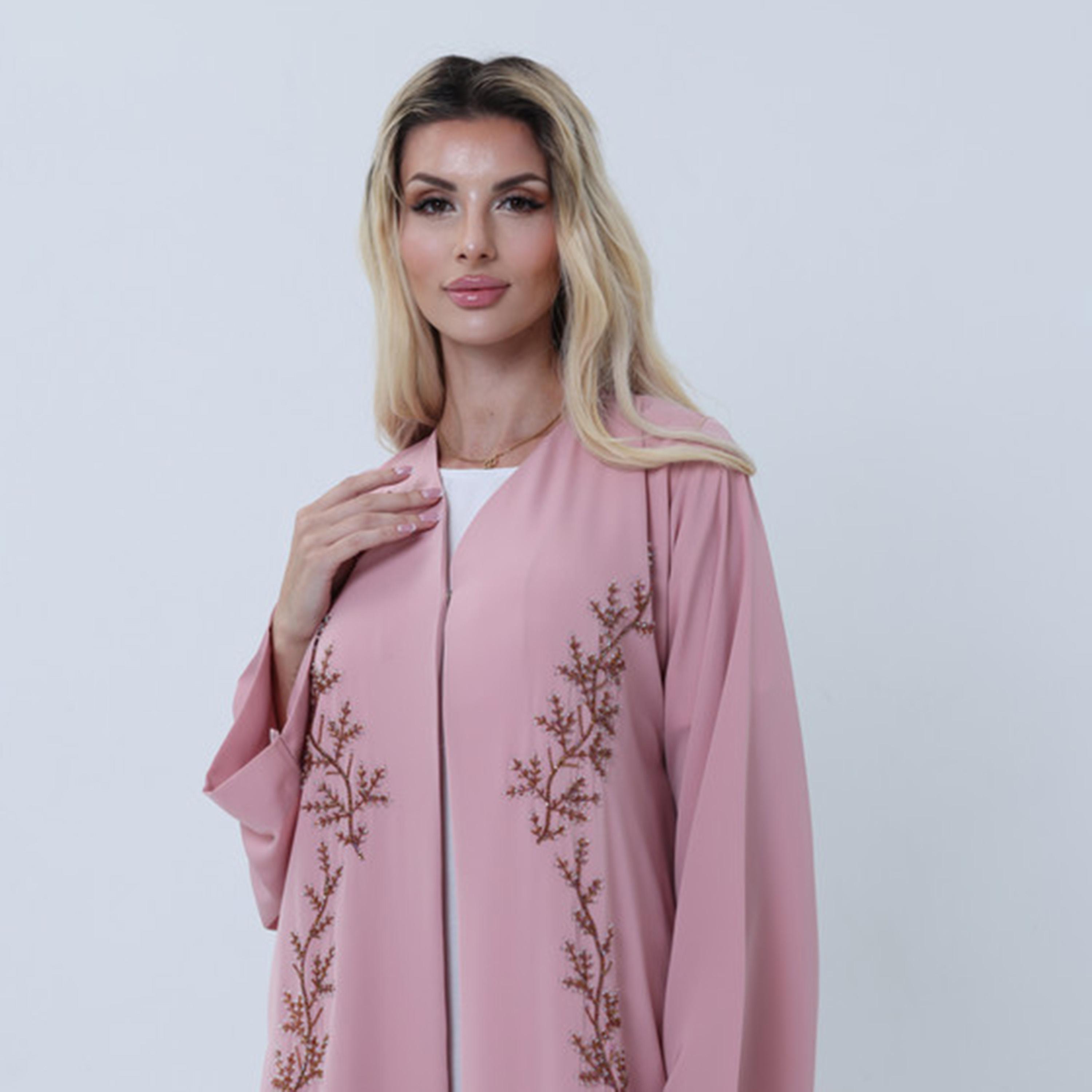 عباءة نسائية من قماش نيدا بتطريز وأكمام واسعة باللون الوردي من إمسكوير فاشون-women-arabicclothing-abayas-image-2