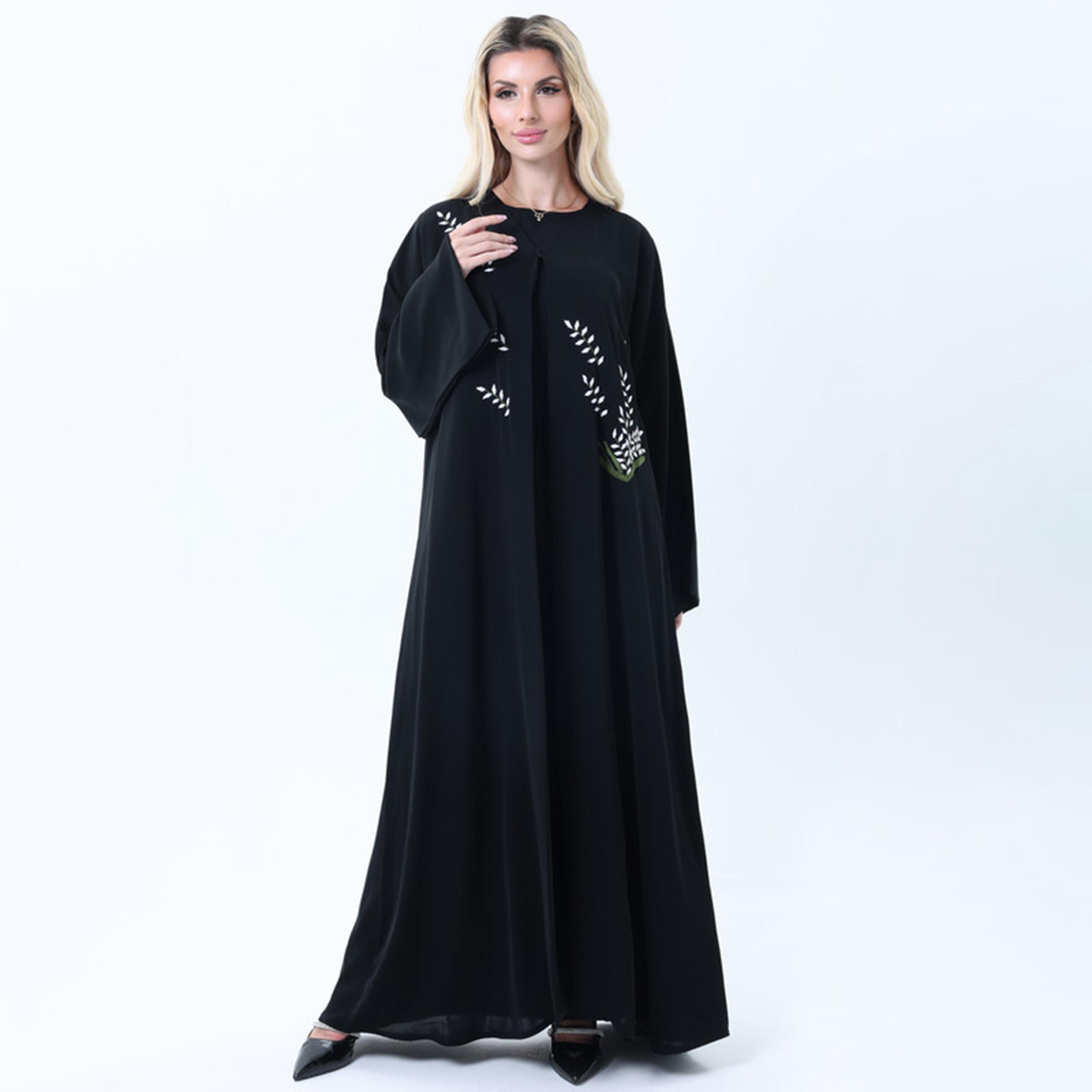 Msquare Fashion Black Leaf Embroidered Wide Sleeves Nida Women's Abaya-women-arabicclothing-abayas-image-1