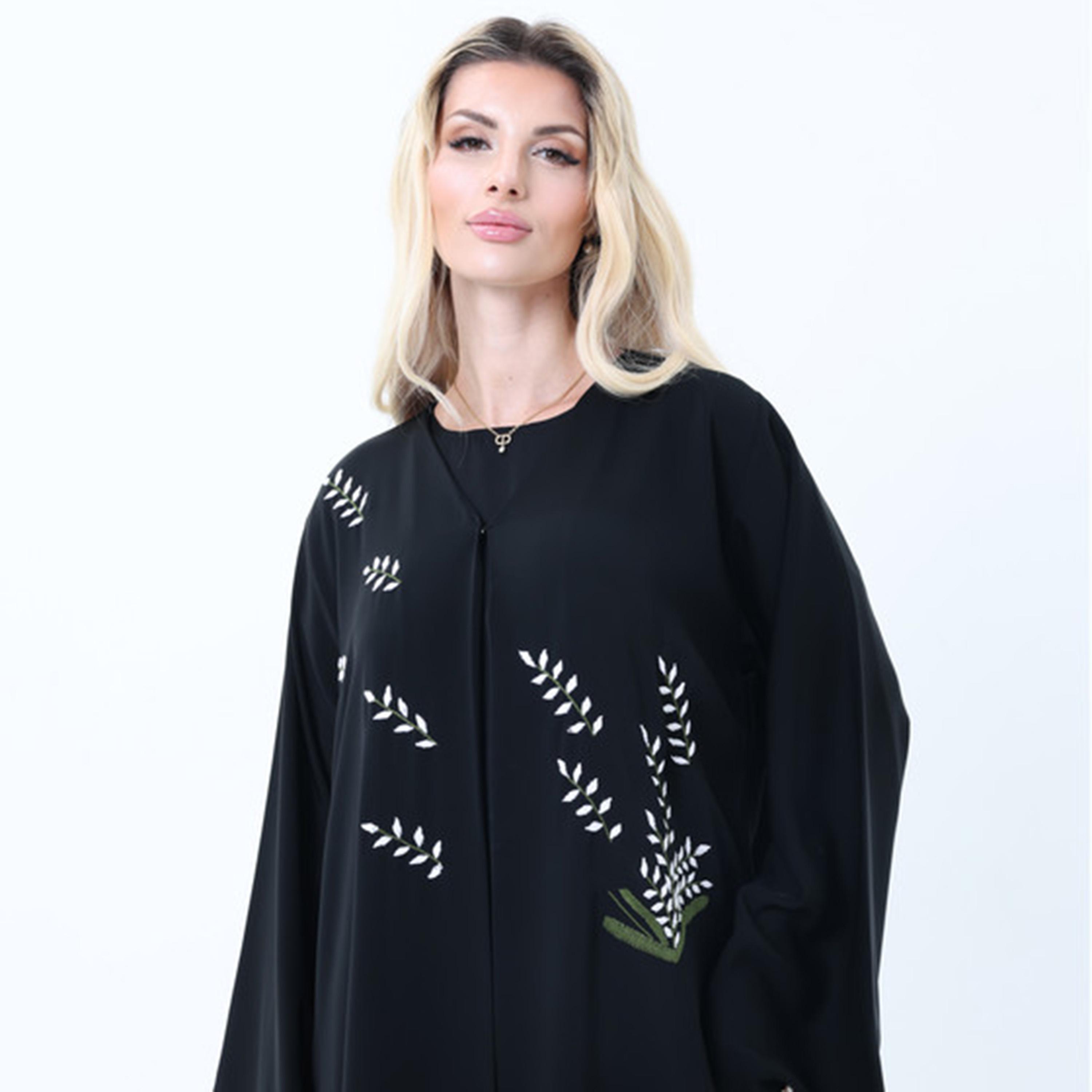 Msquare Fashion Black Leaf Embroidered Wide Sleeves Nida Women's Abaya-women-arabicclothing-abayas-image-2