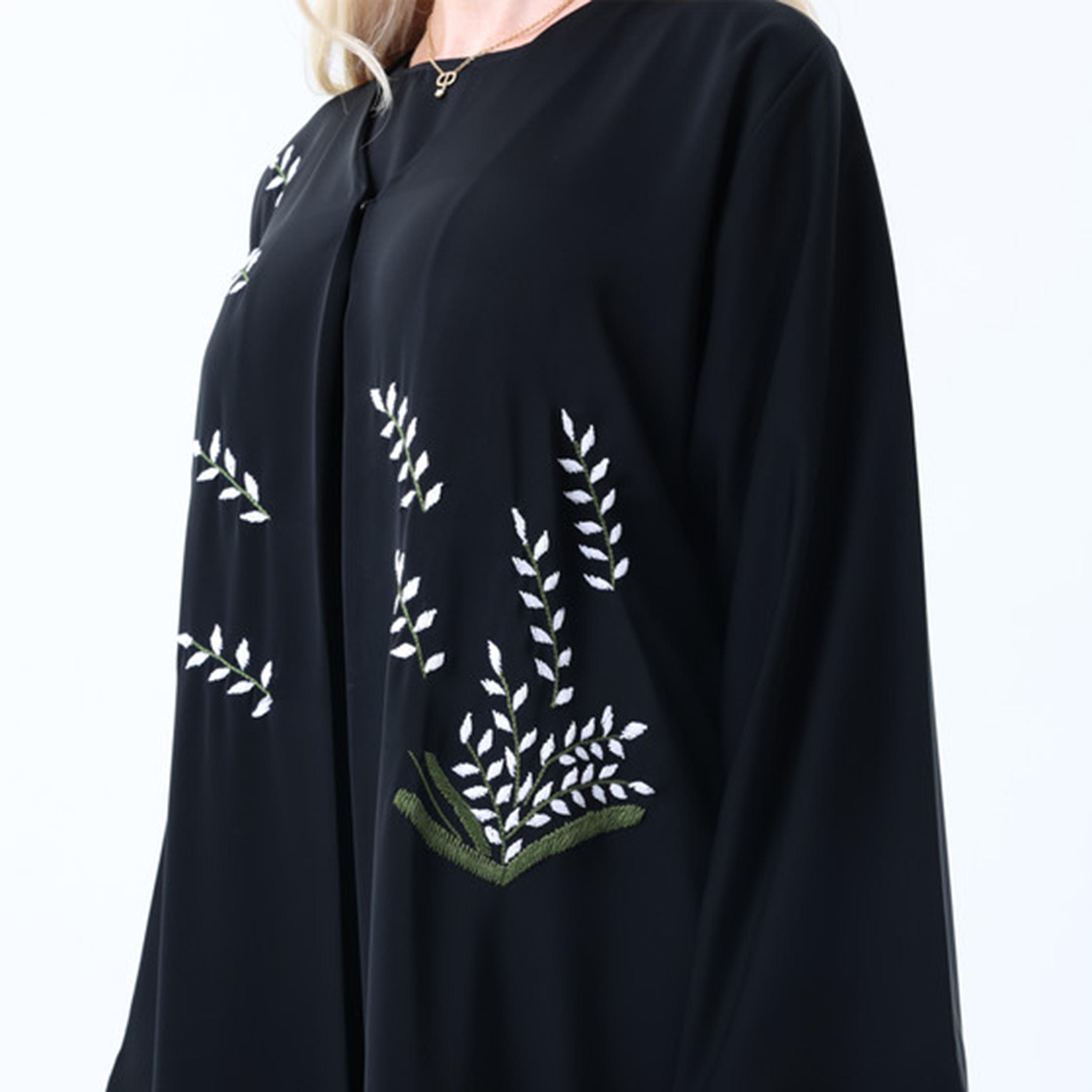 Msquare Fashion Black Leaf Embroidered Wide Sleeves Nida Women's Abaya-women-arabicclothing-abayas-image-3
