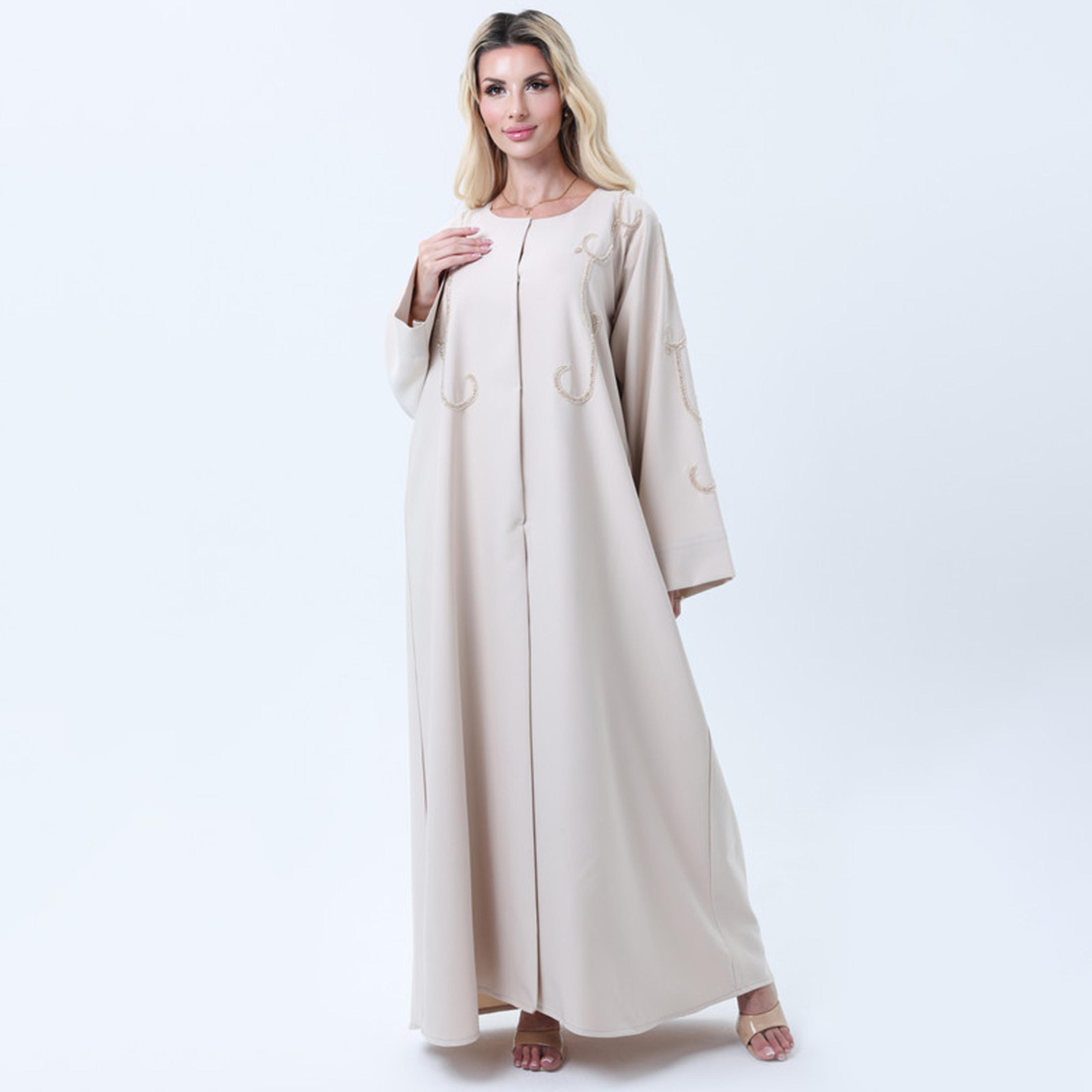 Msquare Fashion Beige Beaded Wide Sleeves Melange Women's Abaya-women-arabicclothing-abayas-image-1