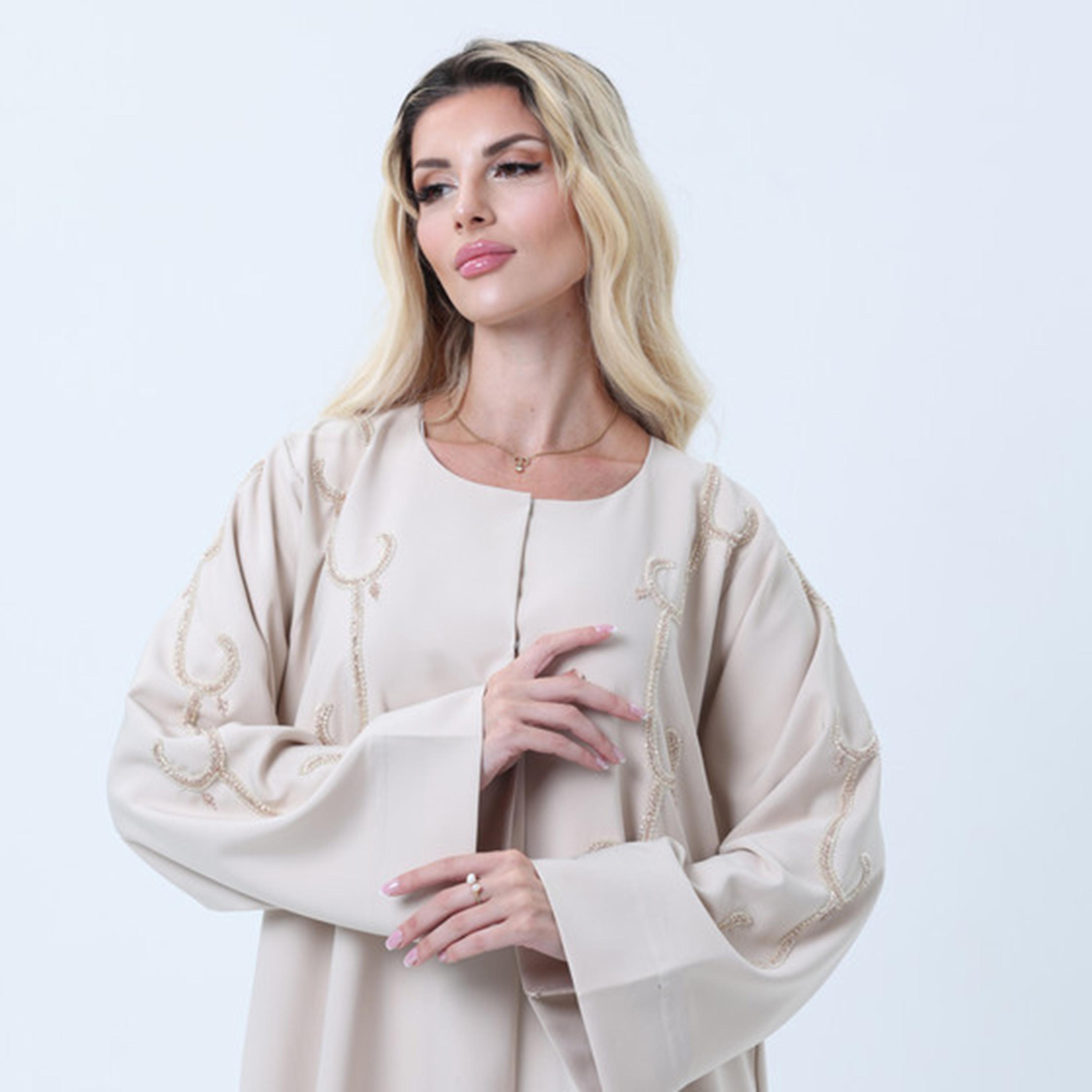 Msquare Fashion Beige Beaded Wide Sleeves Melange Women's Abaya-women-arabicclothing-abayas-image-2