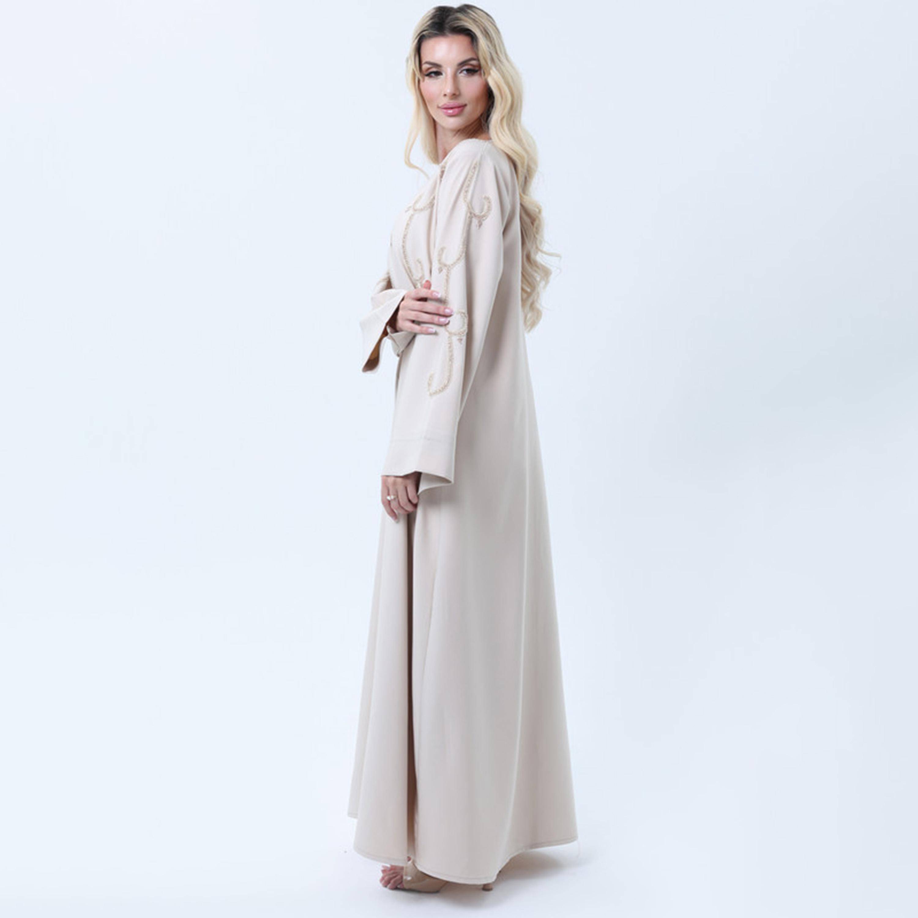 Msquare Fashion Beige Beaded Wide Sleeves Melange Women's Abaya-women-arabicclothing-abayas-image-4