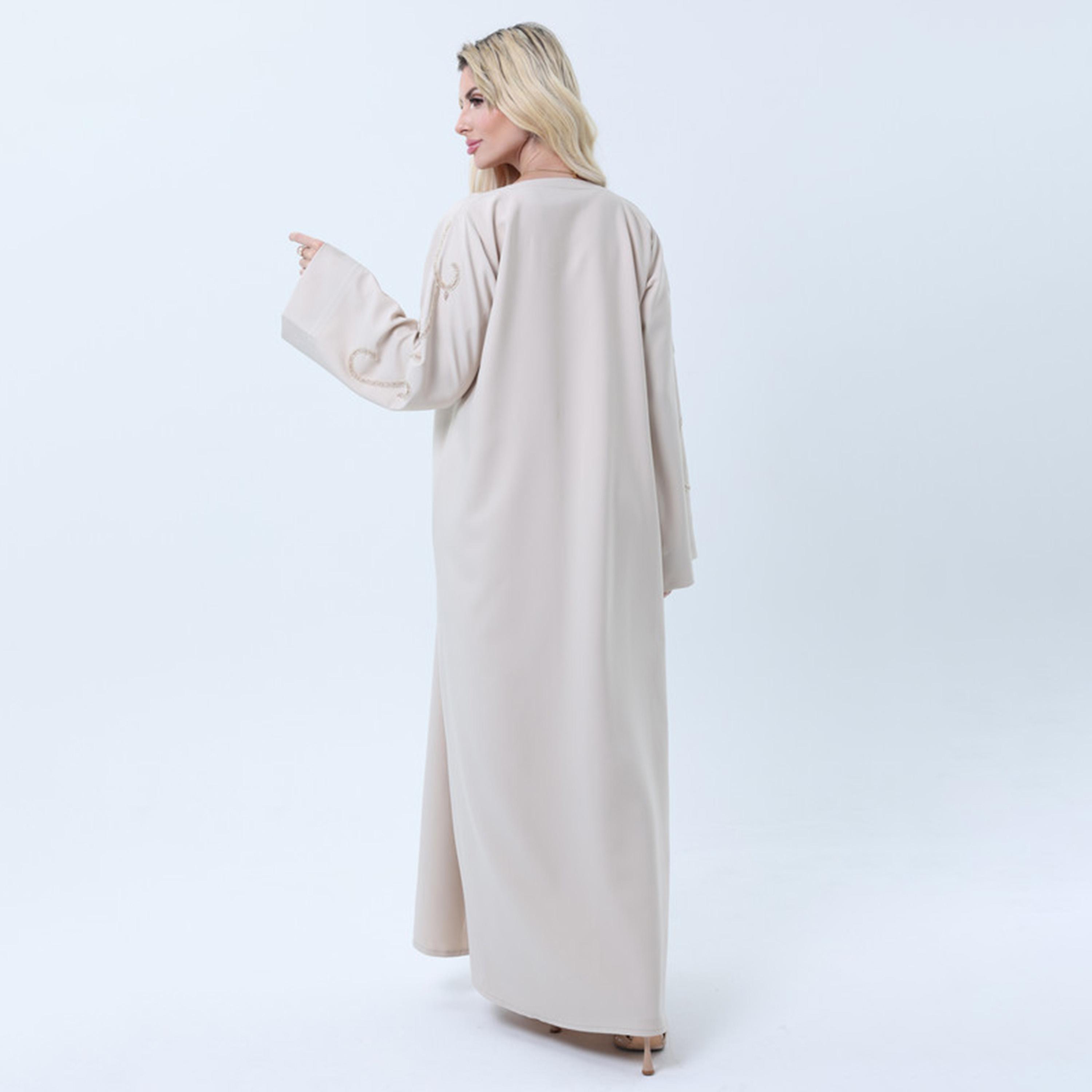 Msquare Fashion Beige Beaded Wide Sleeves Melange Women's Abaya-women-arabicclothing-abayas-image-5
