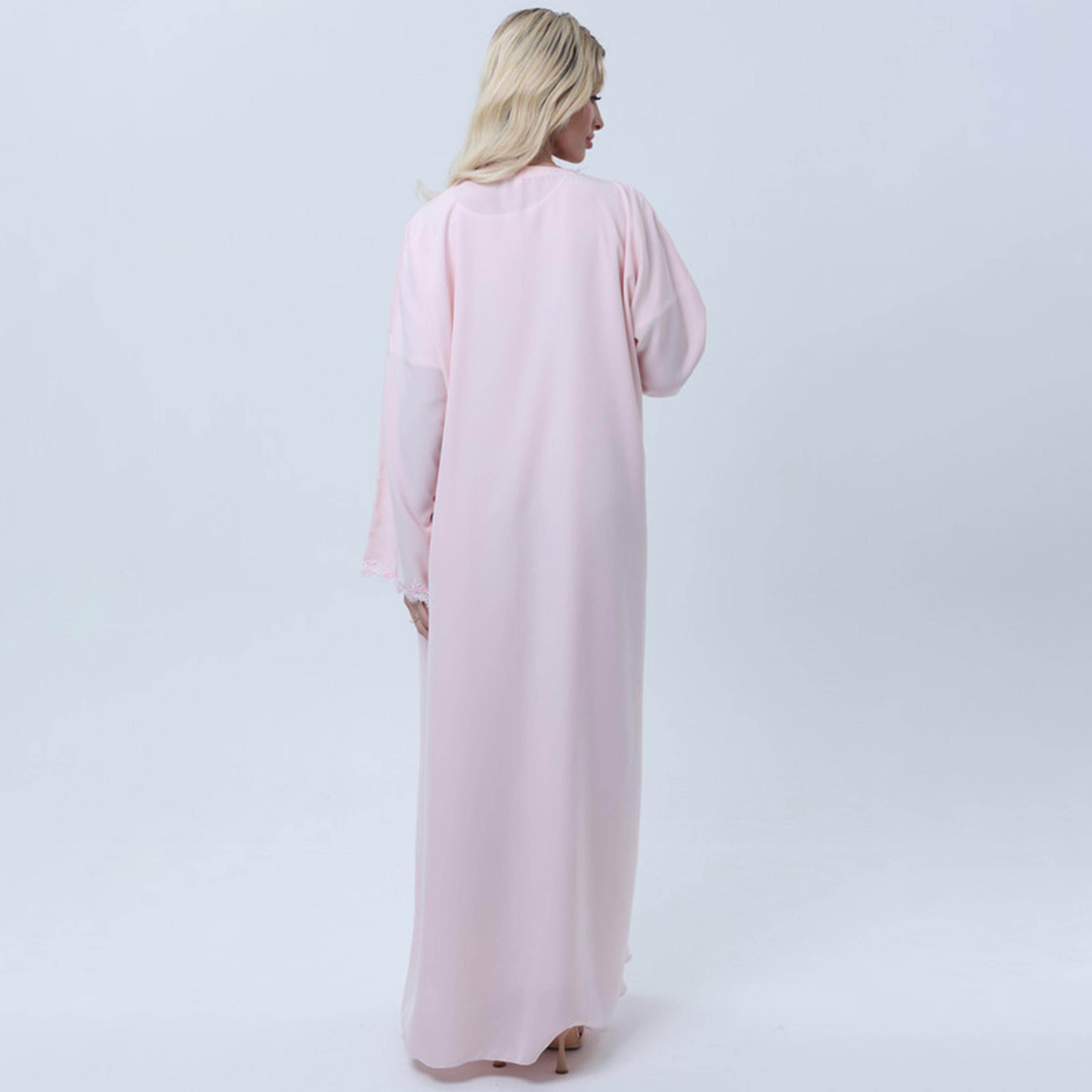 عباءة نسائية من قماش نيدا بأكمام واسعة ودانتيل صدفي باللون الوردي من إمسكوير فاشون-women-arabicclothing-abayas-image-5
