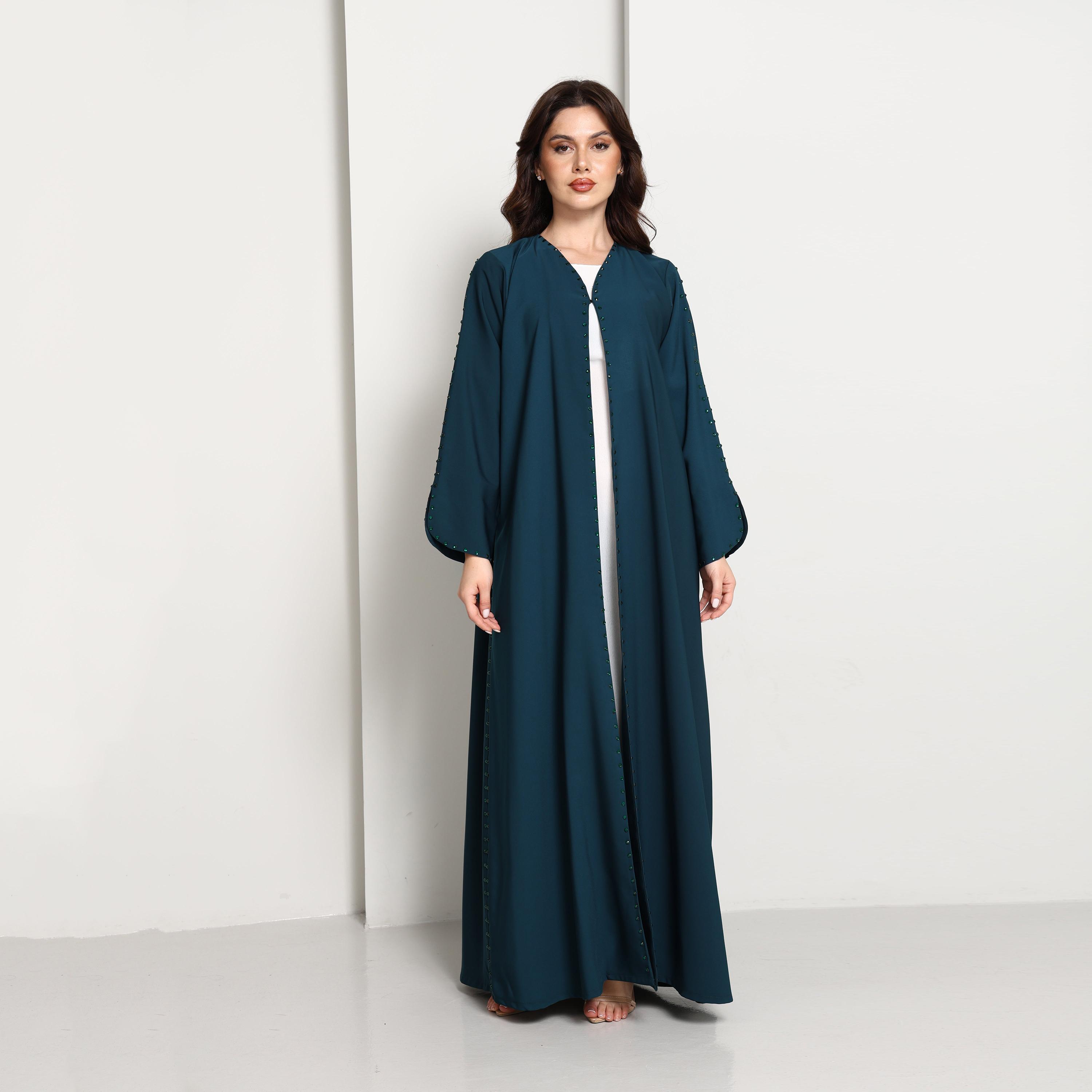 عباية نسائية مفتوحة بتفاصيل مزينة بلون "تييل" من إم سكوير فاشن-women-arabicclothing-abayas-image-1