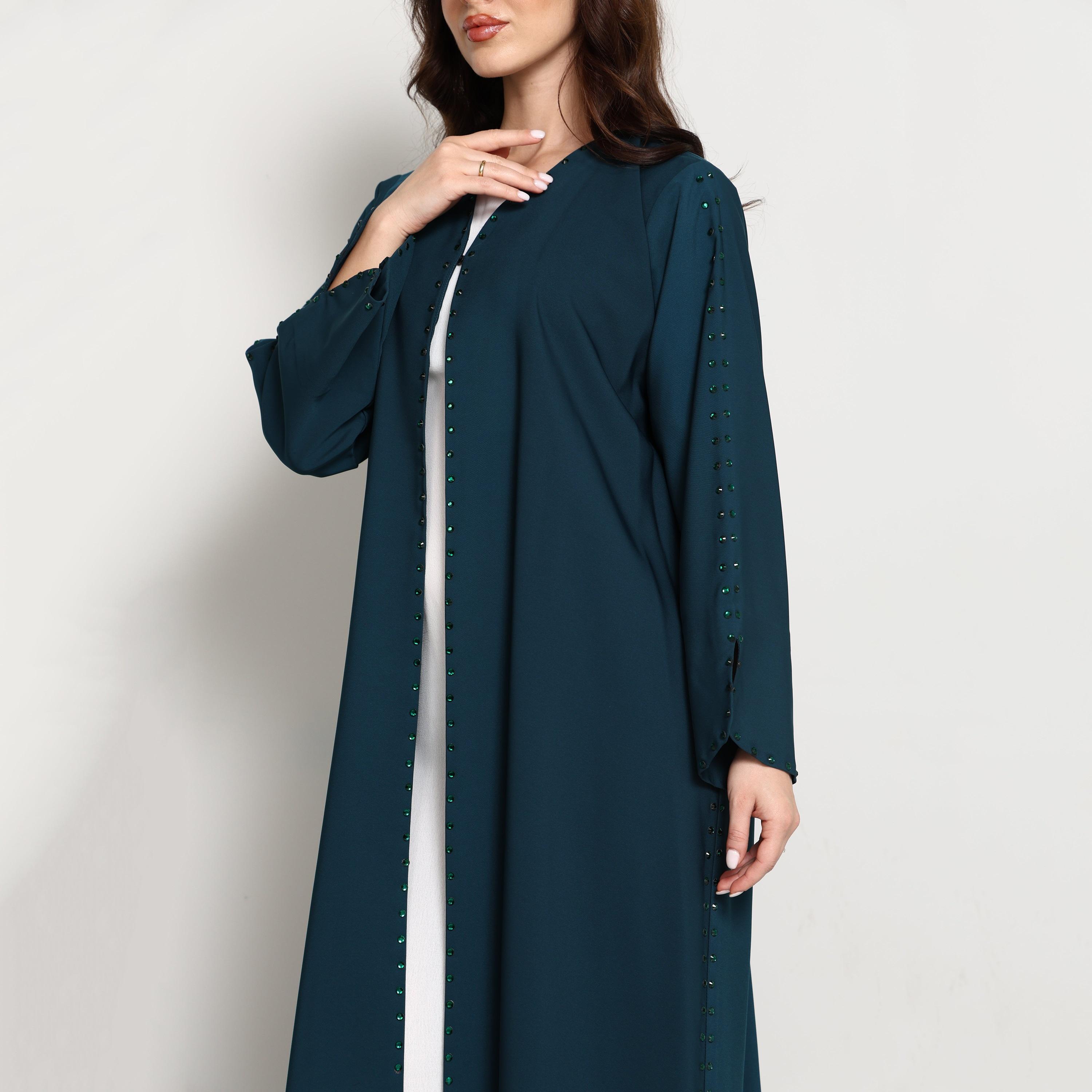 عباية نسائية مفتوحة بتفاصيل مزينة بلون "تييل" من إم سكوير فاشن-women-arabicclothing-abayas-image-2