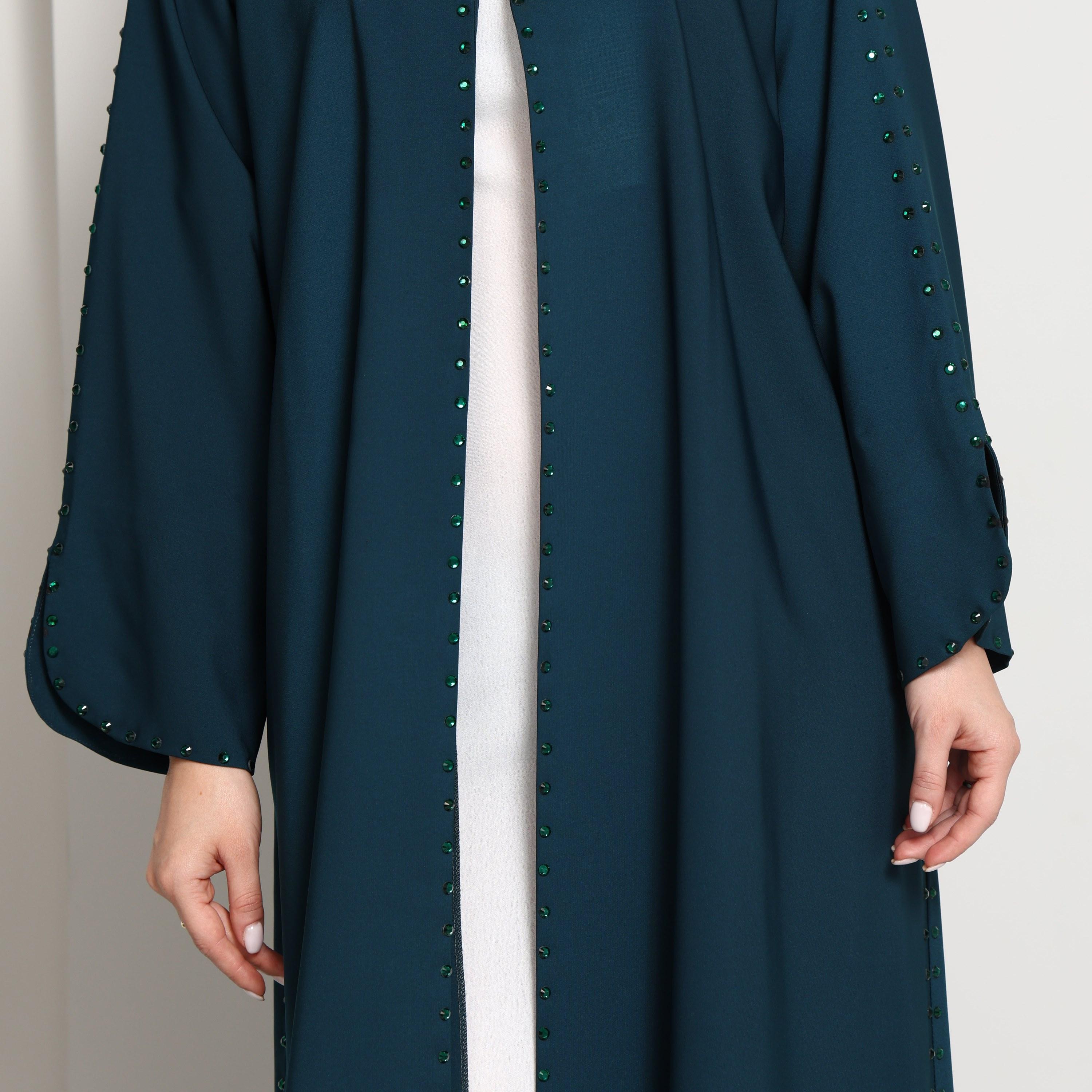 عباية نسائية مفتوحة بتفاصيل مزينة بلون "تييل" من إم سكوير فاشن-women-arabicclothing-abayas-image-3