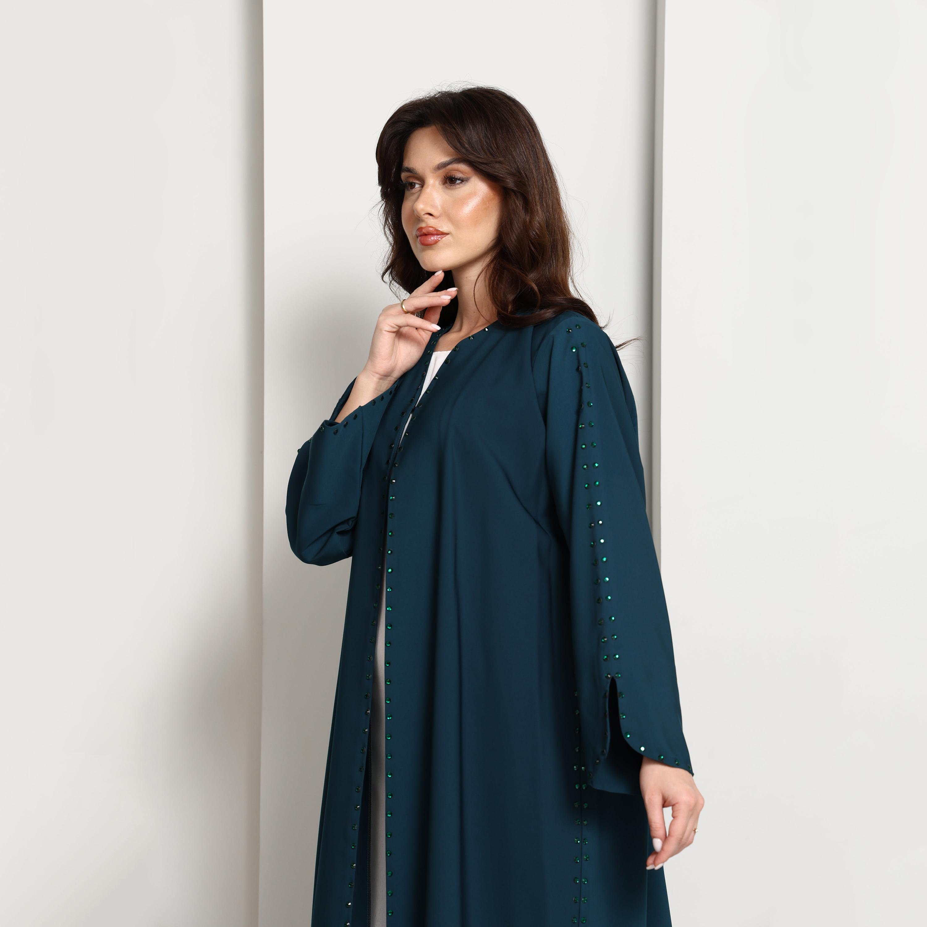 عباية نسائية مفتوحة بتفاصيل مزينة بلون "تييل" من إم سكوير فاشن-women-arabicclothing-abayas-image-4