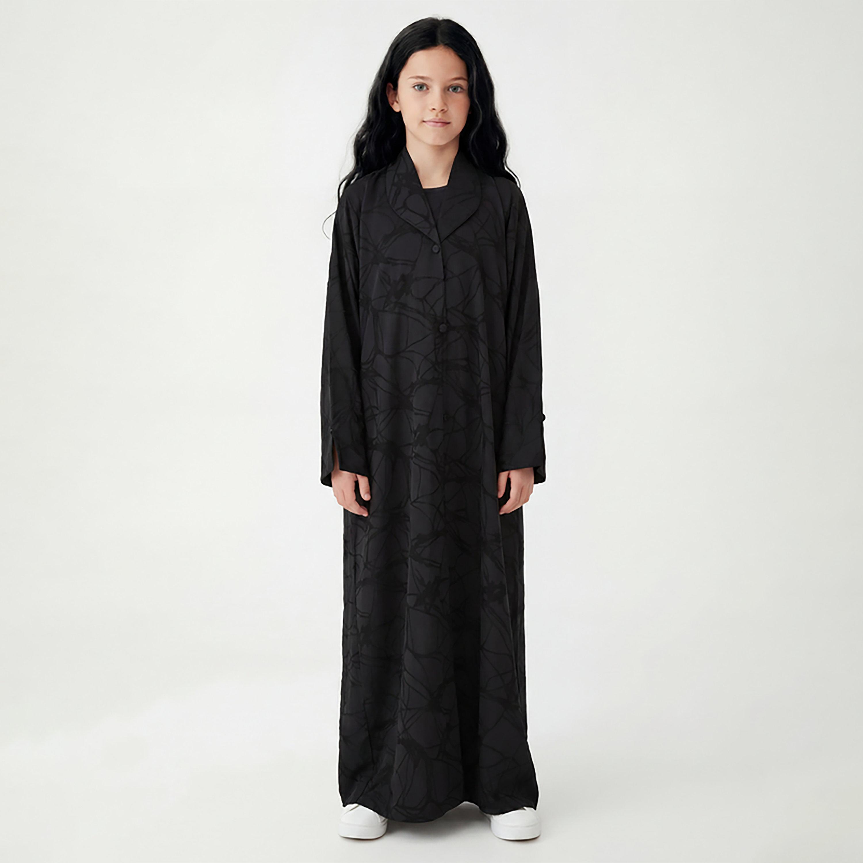 Msquare Fashion Black Abstract Print Lapel Collar Fukhroo Girls Abaya with Matching Chiffon Headscarf-girls-arabicclothing-abayas-image-1