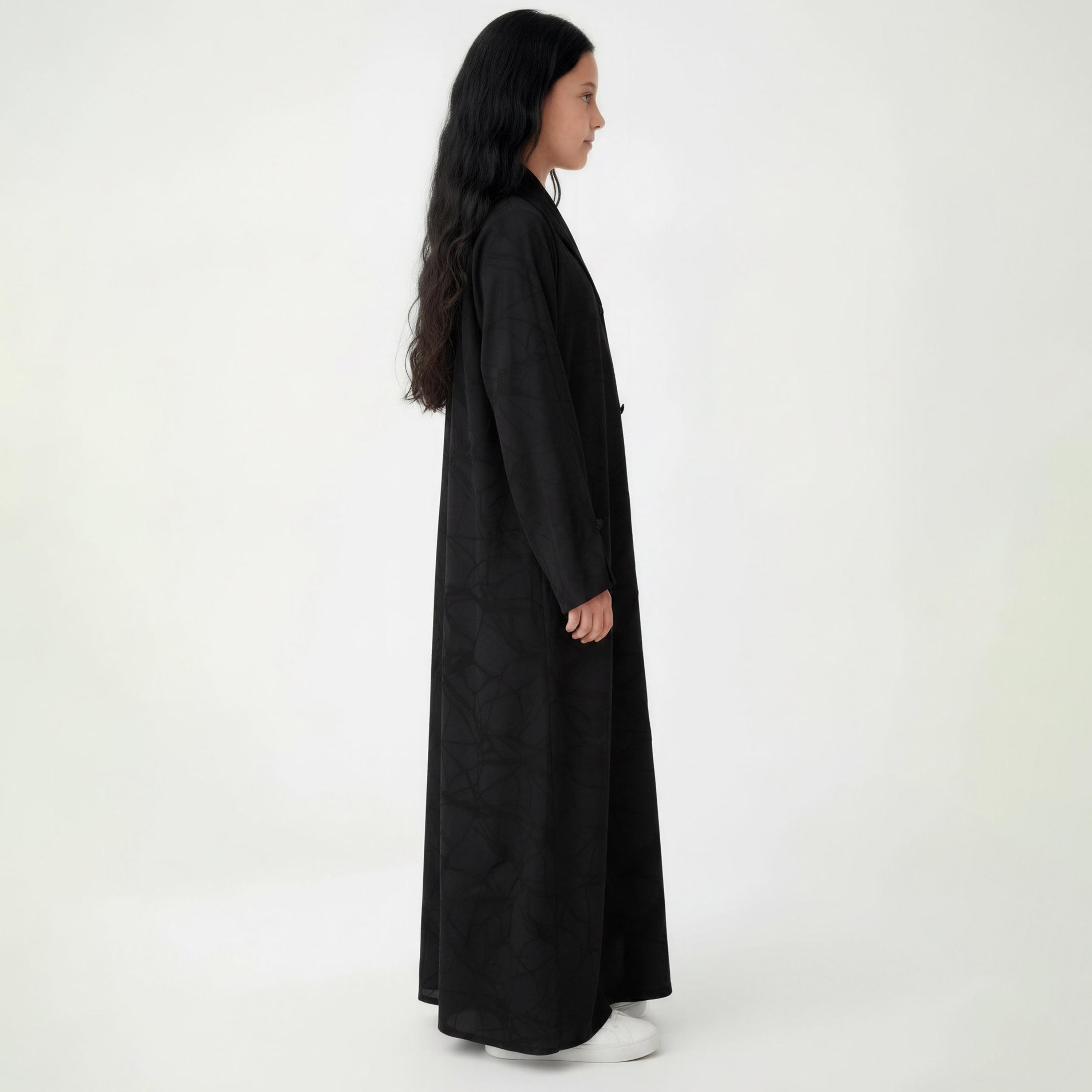 Msquare Fashion Black Abstract Print Lapel Collar Fukhroo Girls Abaya with Matching Chiffon Headscarf-girls-arabicclothing-abayas-image-2