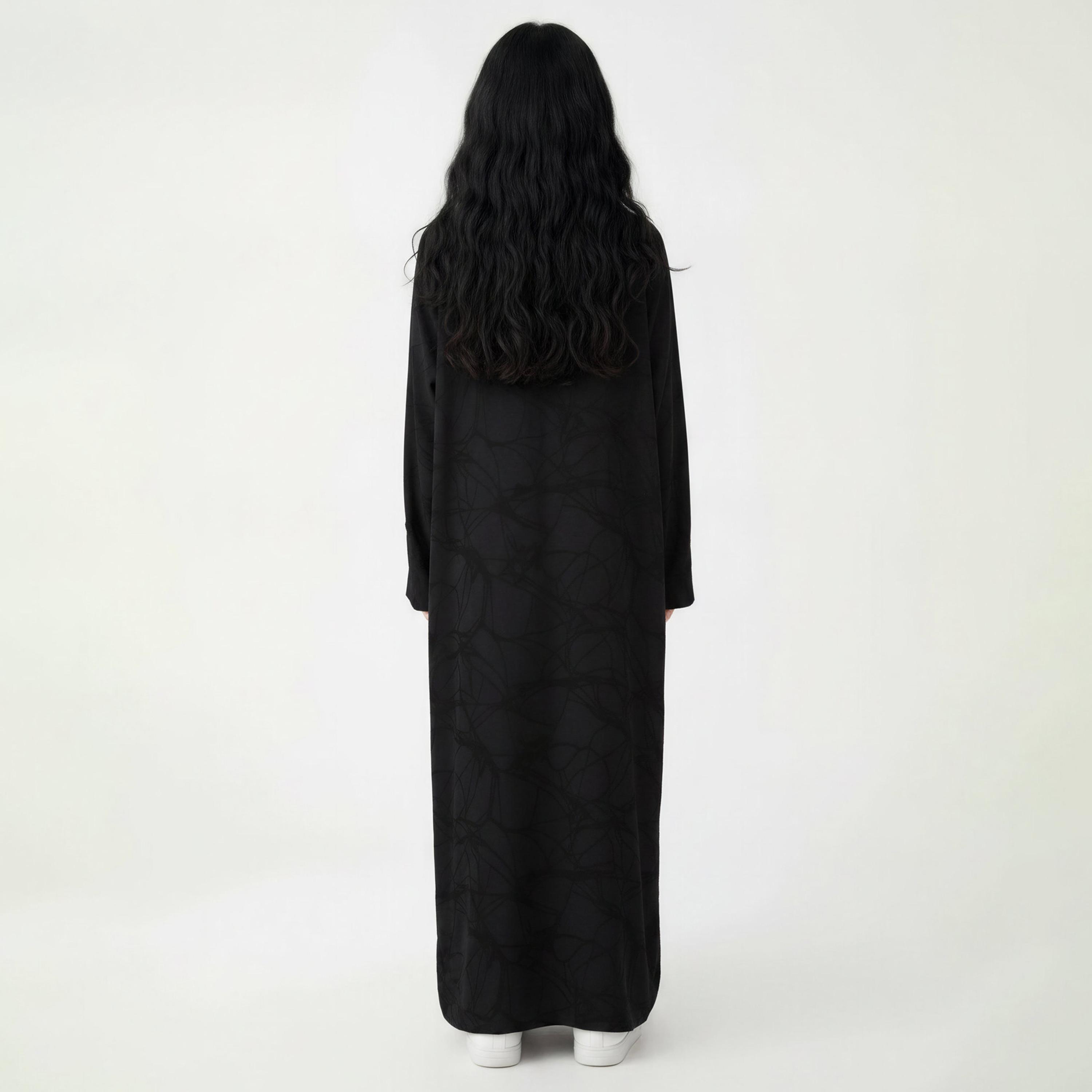 Msquare Fashion Black Abstract Print Lapel Collar Fukhroo Girls Abaya with Matching Chiffon Headscarf-girls-arabicclothing-abayas-image-3