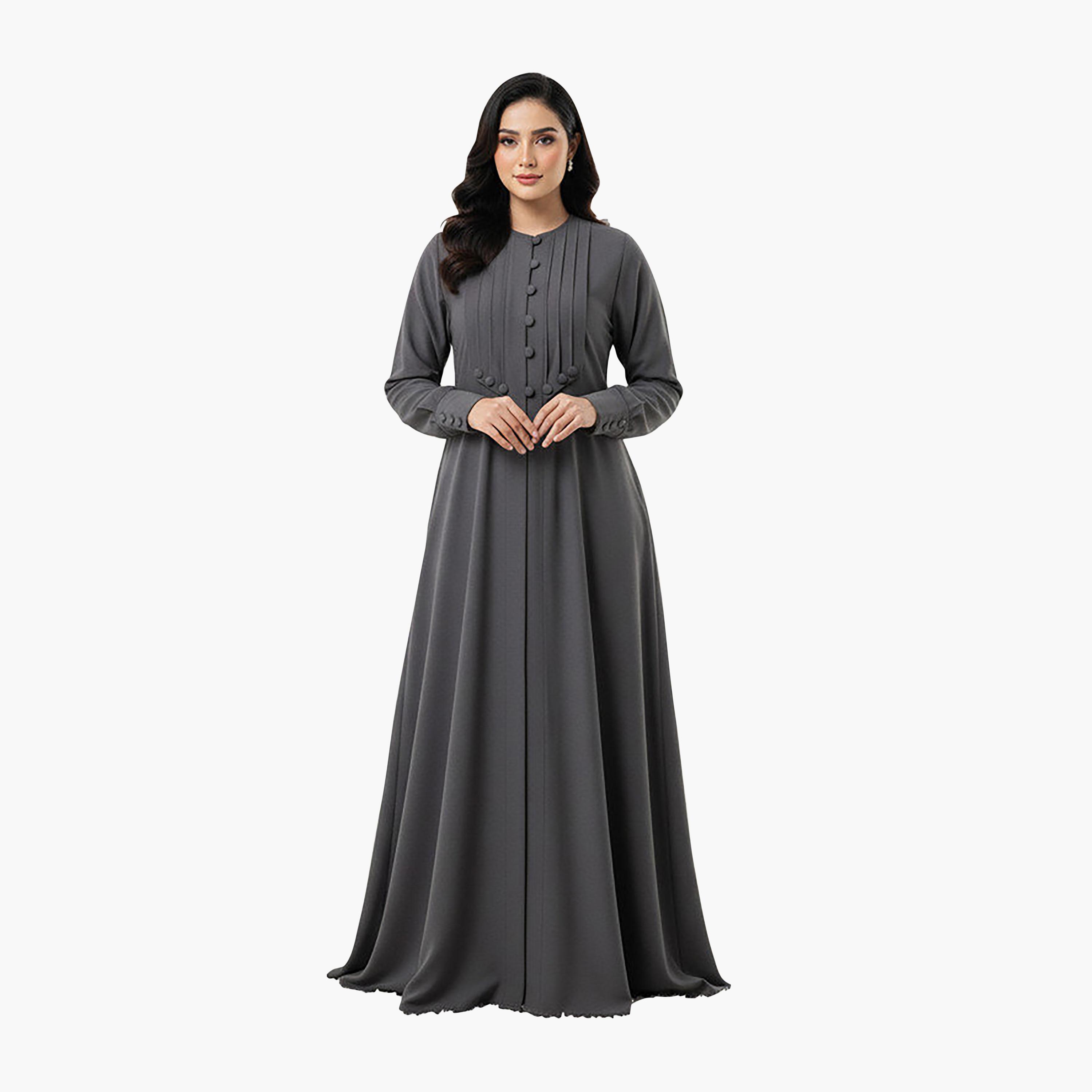 عباية نسائية من قماش كريب بأكمام مطوية ومكسرة باللون الرمادي من إم سكوير فاشن-women-arabicclothing-abayas-image-1