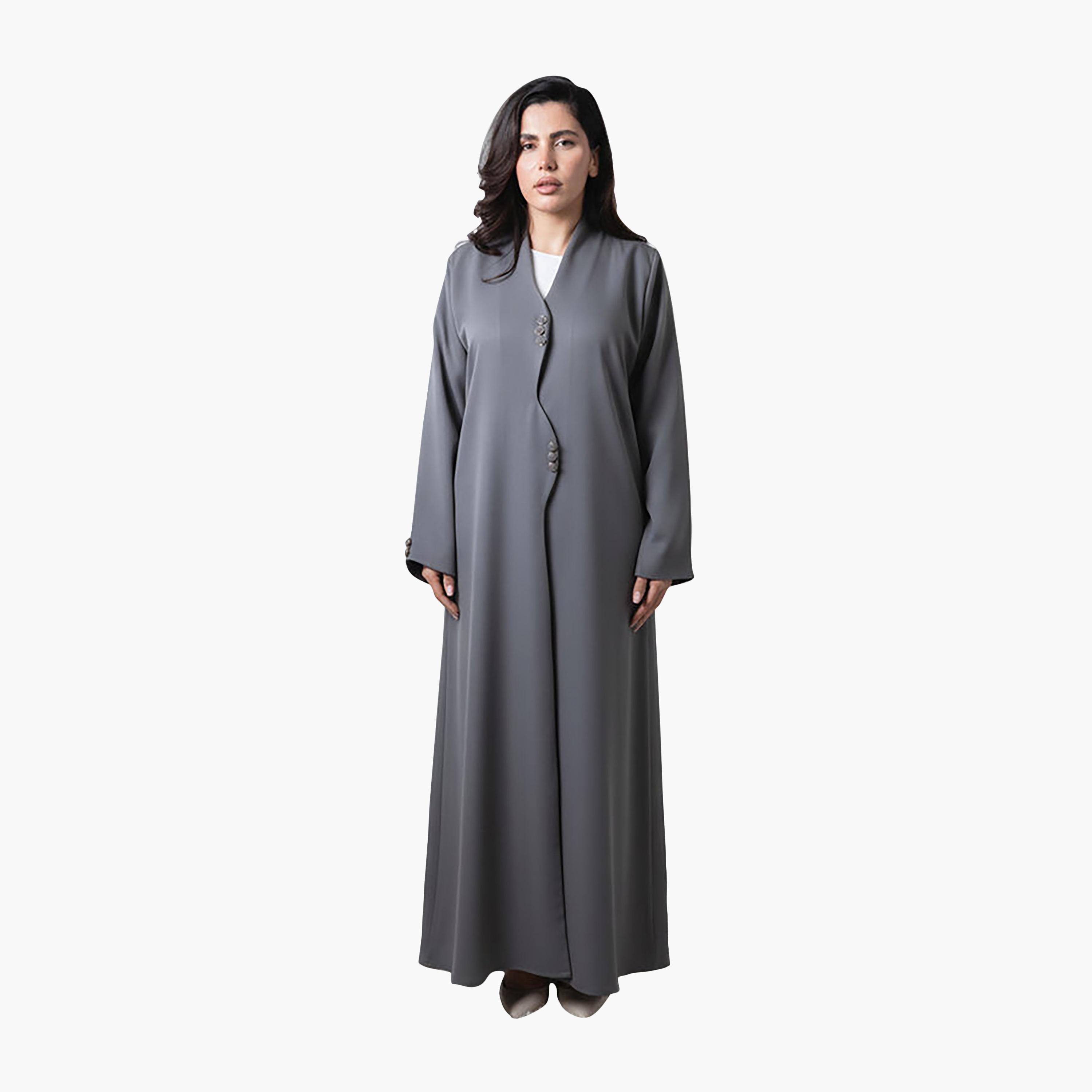 عباية نسائية من قماش كريب باربي بجهة أمامية متموجة باللون الرمادي من إم سكوير فاشون-women-arabicclothing-abayas-image-1