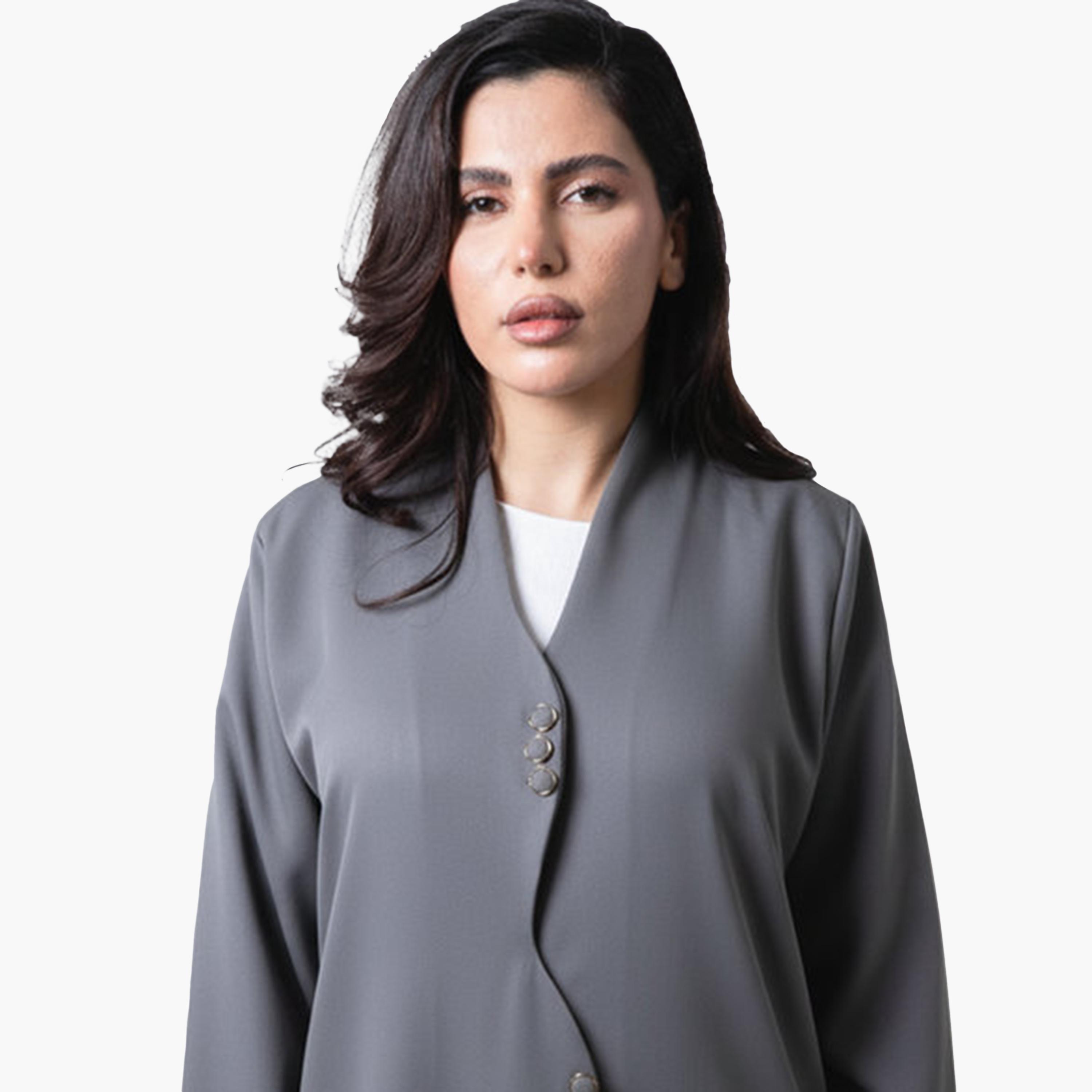عباية نسائية من قماش كريب باربي بجهة أمامية متموجة باللون الرمادي من إم سكوير فاشون-women-arabicclothing-abayas-image-2
