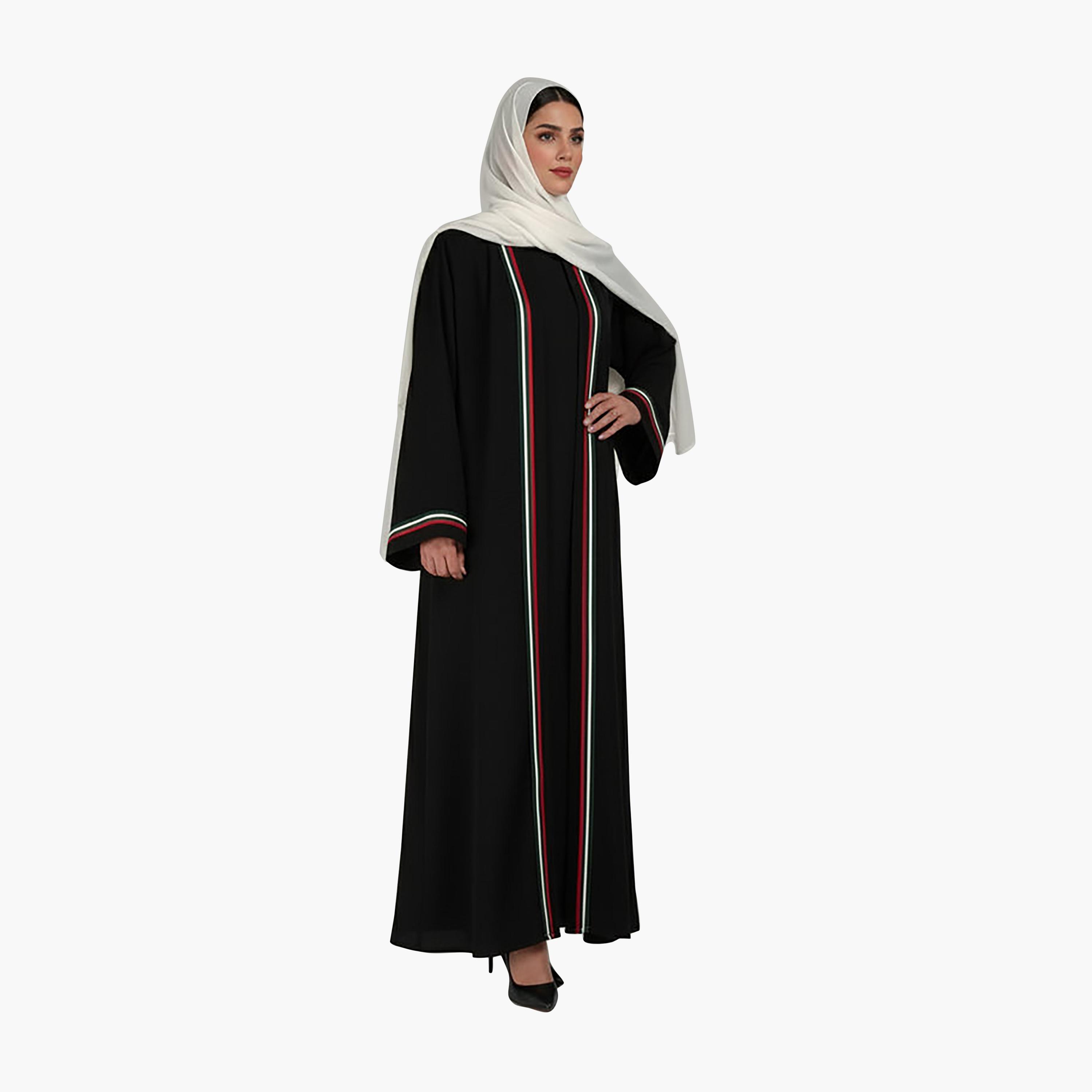 Msquare Fashion National Day Stripe Detailed Wide Sleeves CEY Melange Women's Abaya with Hijab-women-arabicclothing-abayas-image-1