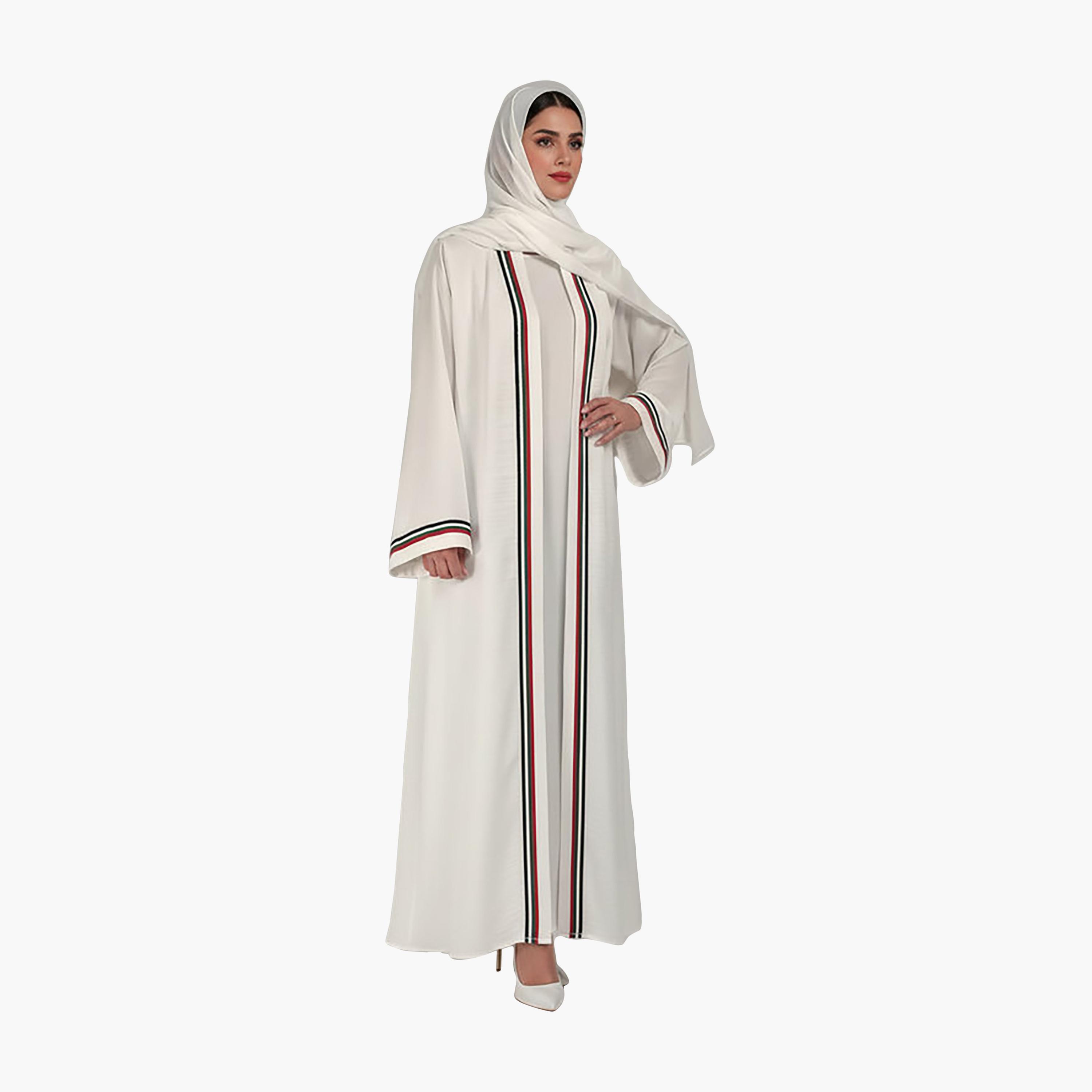 عباية نسائية بتفاصيل مخططة لليوم الوطني وأكمام واسعة سي إي واي ميلانج مع حجاب من إم سكوير فاشون-women-arabicclothing-abayas-image-1
