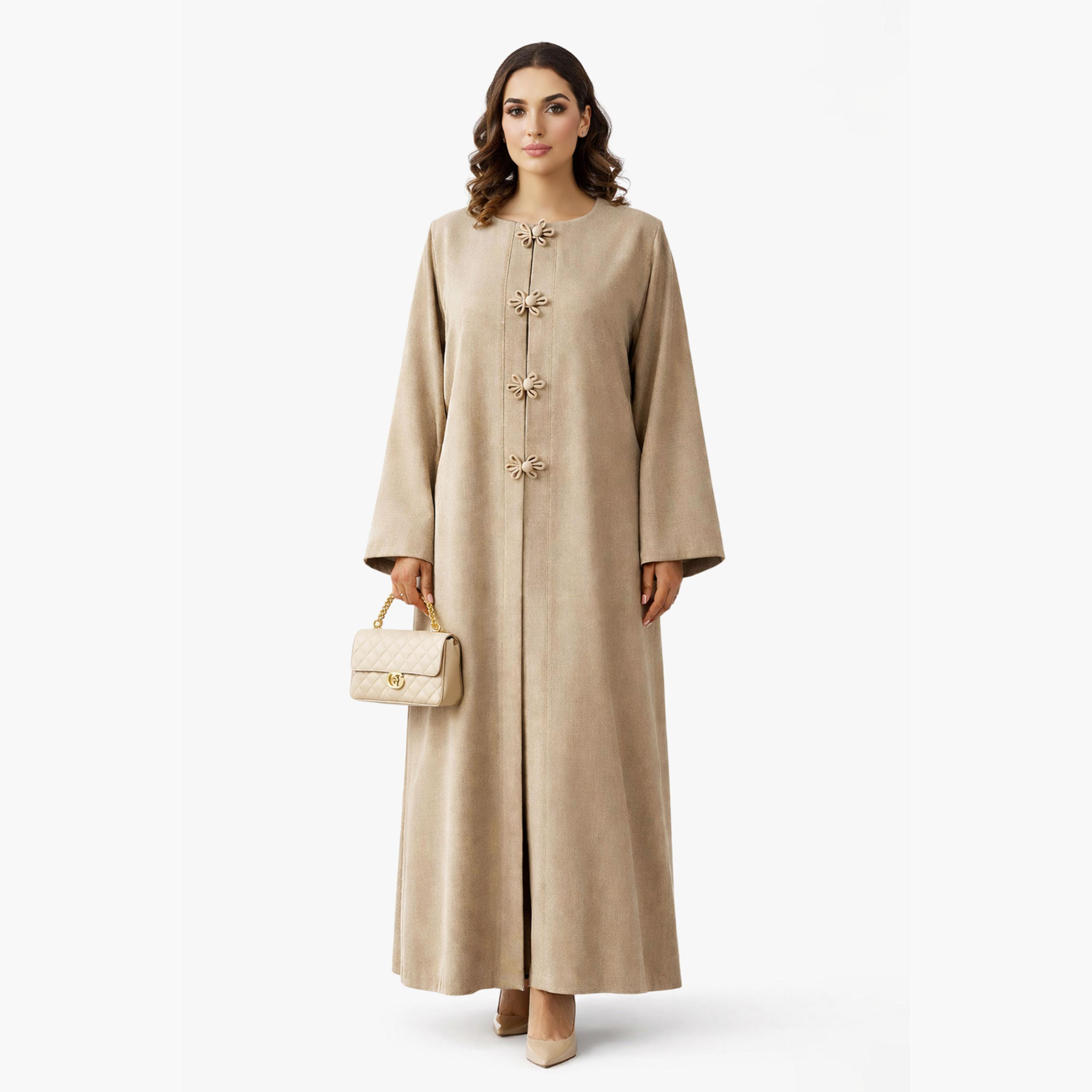 Msquare Fashion Floral Button Linen Women's Abaya-women-arabicclothing-abayas-image-1