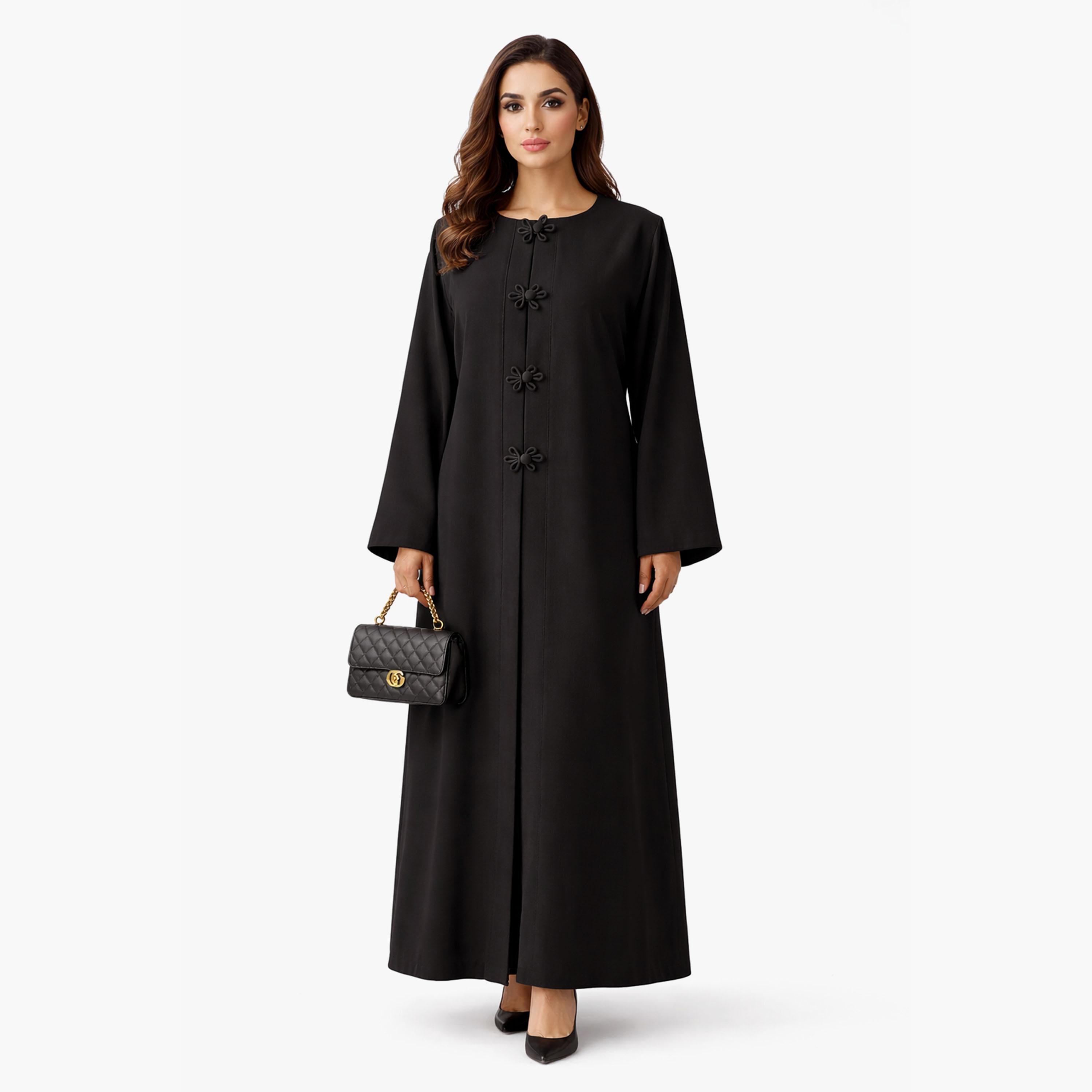 Msquare Fashion Floral Button Linen Women's Abaya-women-arabicclothing-abayas-image-1