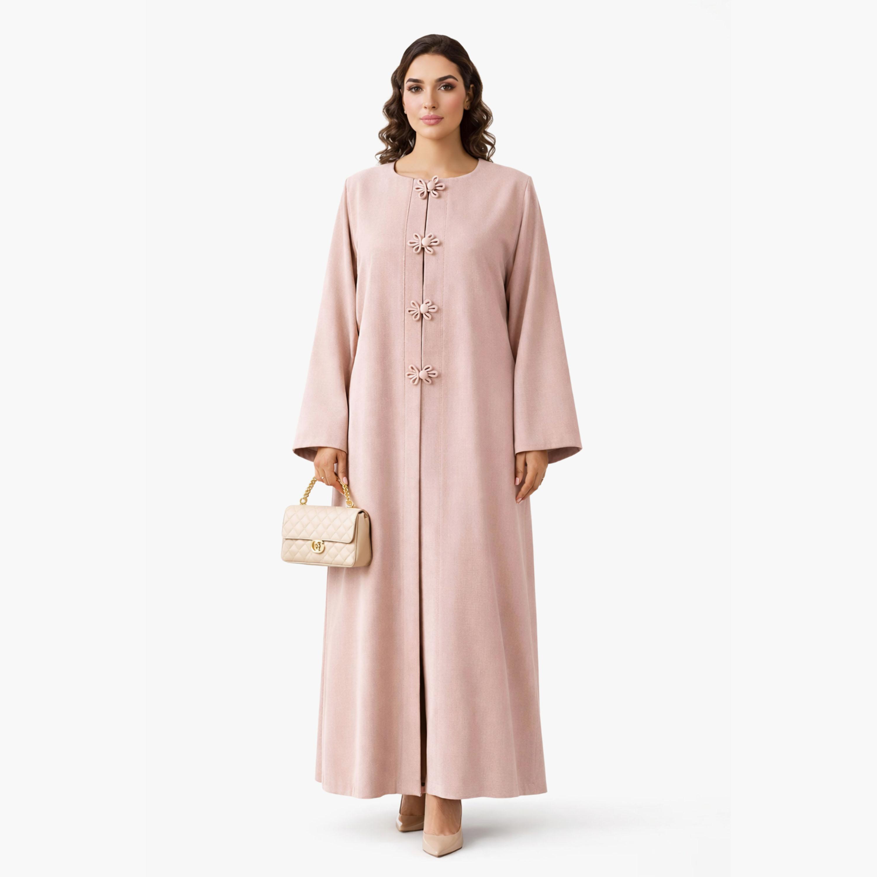 عباية نسائية من الكتان بأزرار بتصميم زهور من إم سكوير فاشن-women-arabicclothing-abayas-image-1