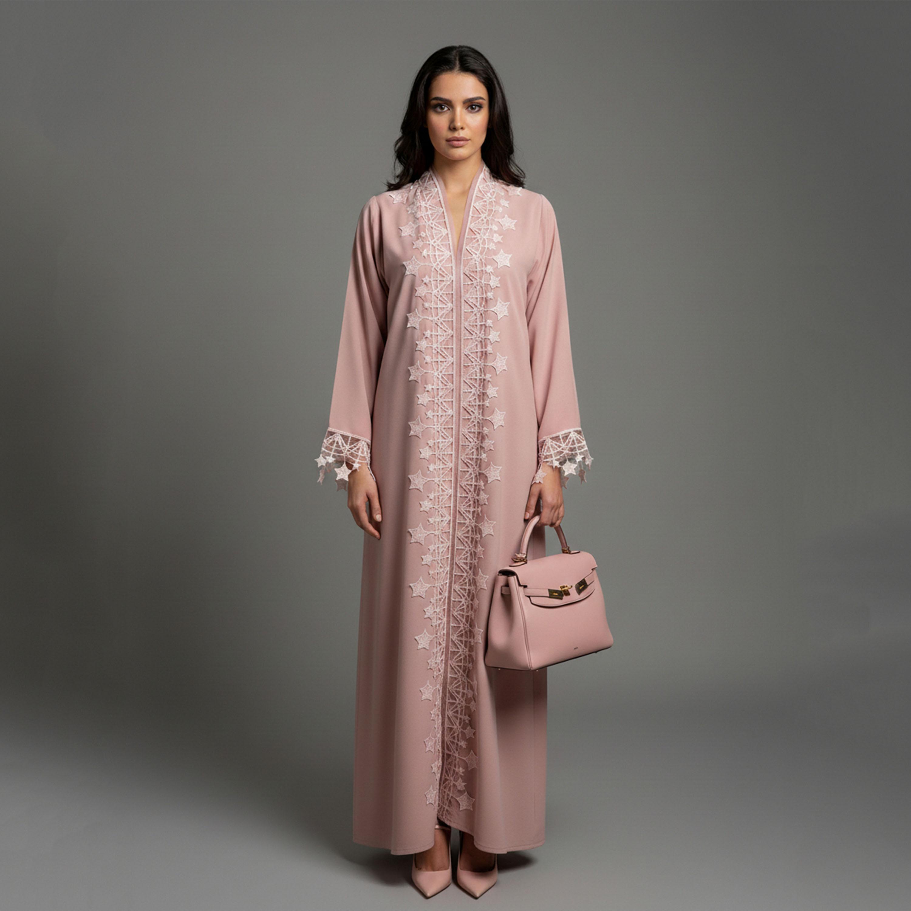 Msquare Fashion Star Lace Crepe Women's Open Front Abaya with Hijab-women-arabicclothing-abayas-image-1
