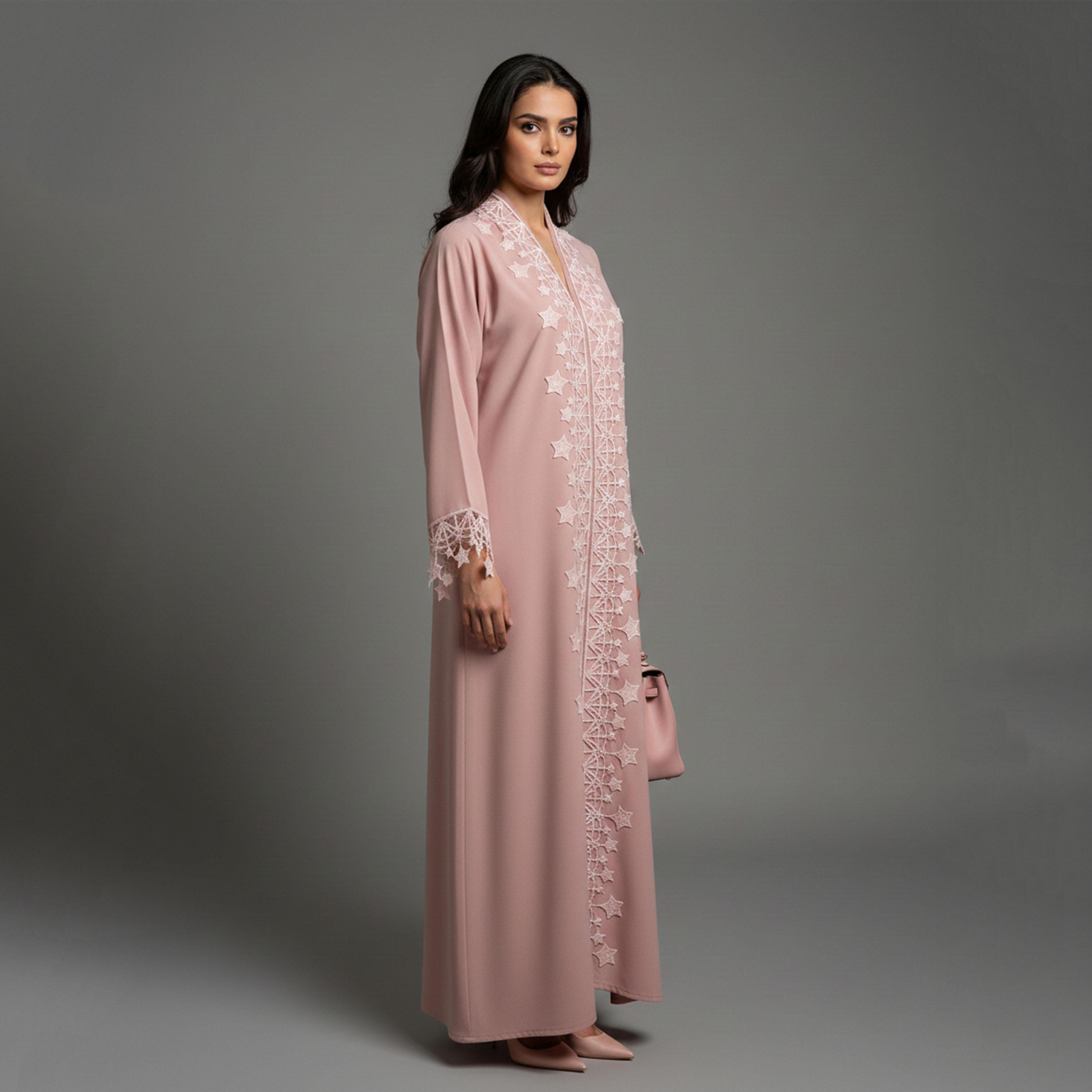 Msquare Fashion Star Lace Crepe Women's Open Front Abaya with Hijab-women-arabicclothing-abayas-image-2
