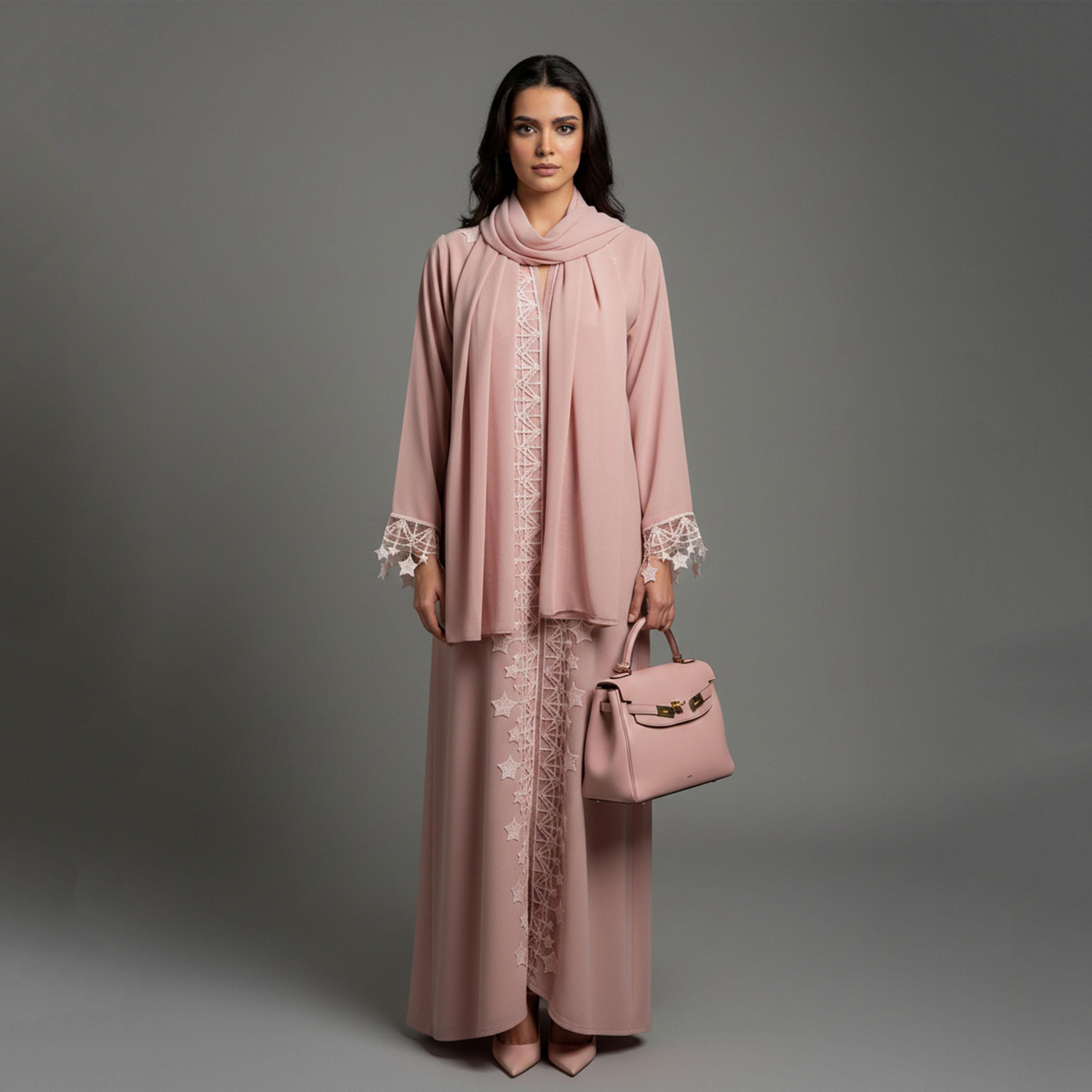 Msquare Fashion Star Lace Crepe Women's Open Front Abaya with Hijab-women-arabicclothing-abayas-image-4