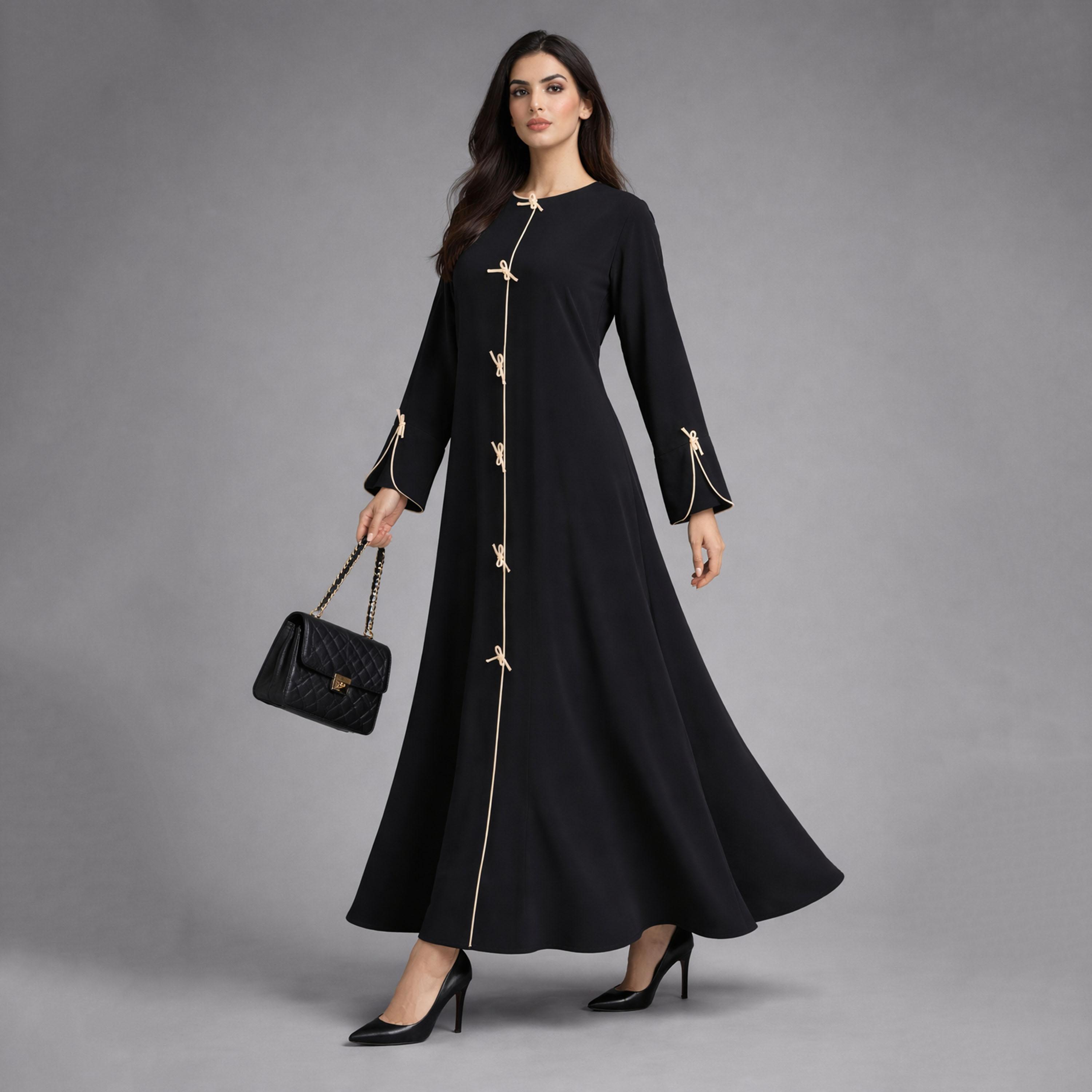 عباية نسائية من قماش "ندا" بتفاصيل خياطة متباينة وعقدة ربط من إم سكوير فاشن-women-arabicclothing-abayas-image-4
