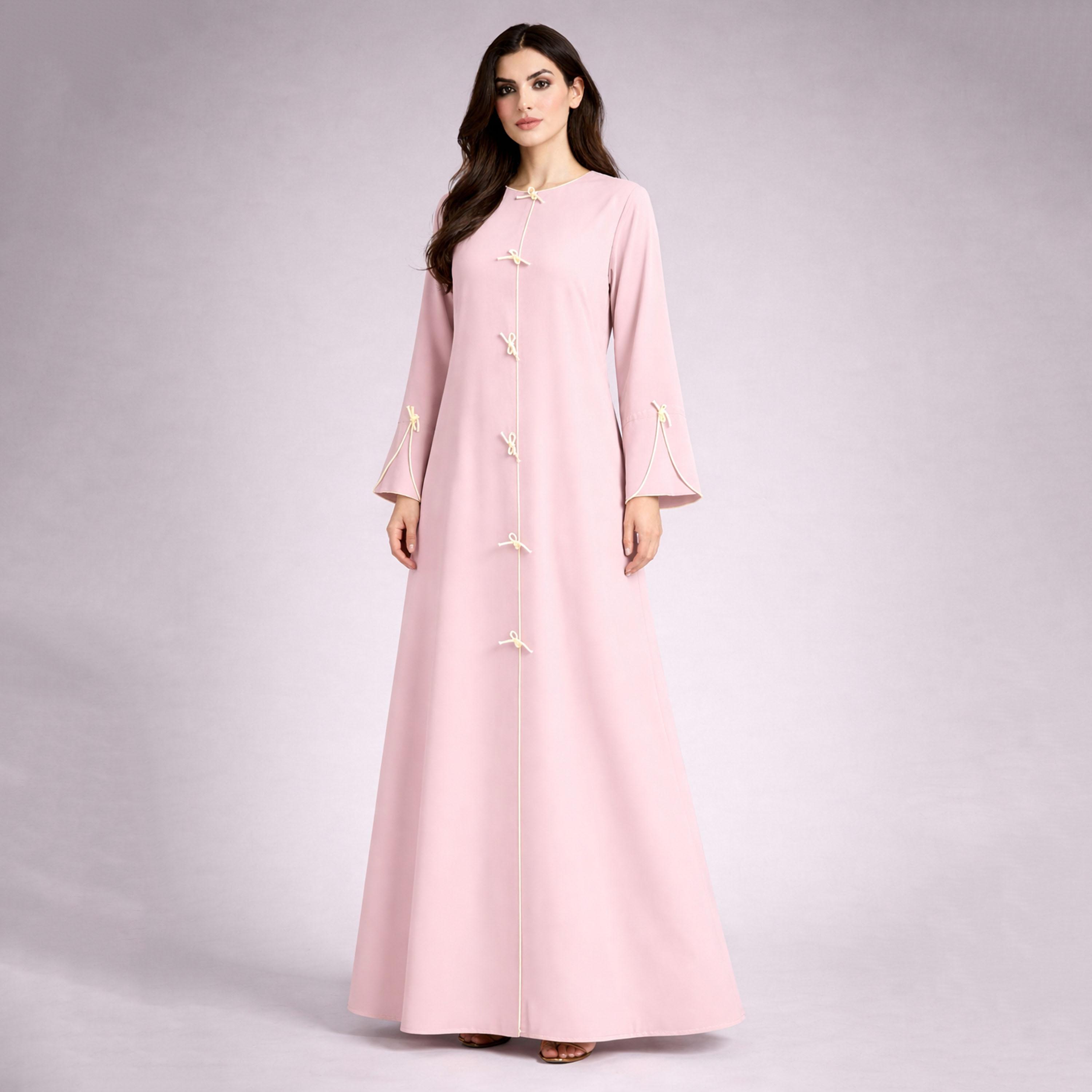 Msquare Fashion Contrast Piping and Tie Knot Detailed Nida Women's Abaya-women-arabicclothing-abayas-image-1